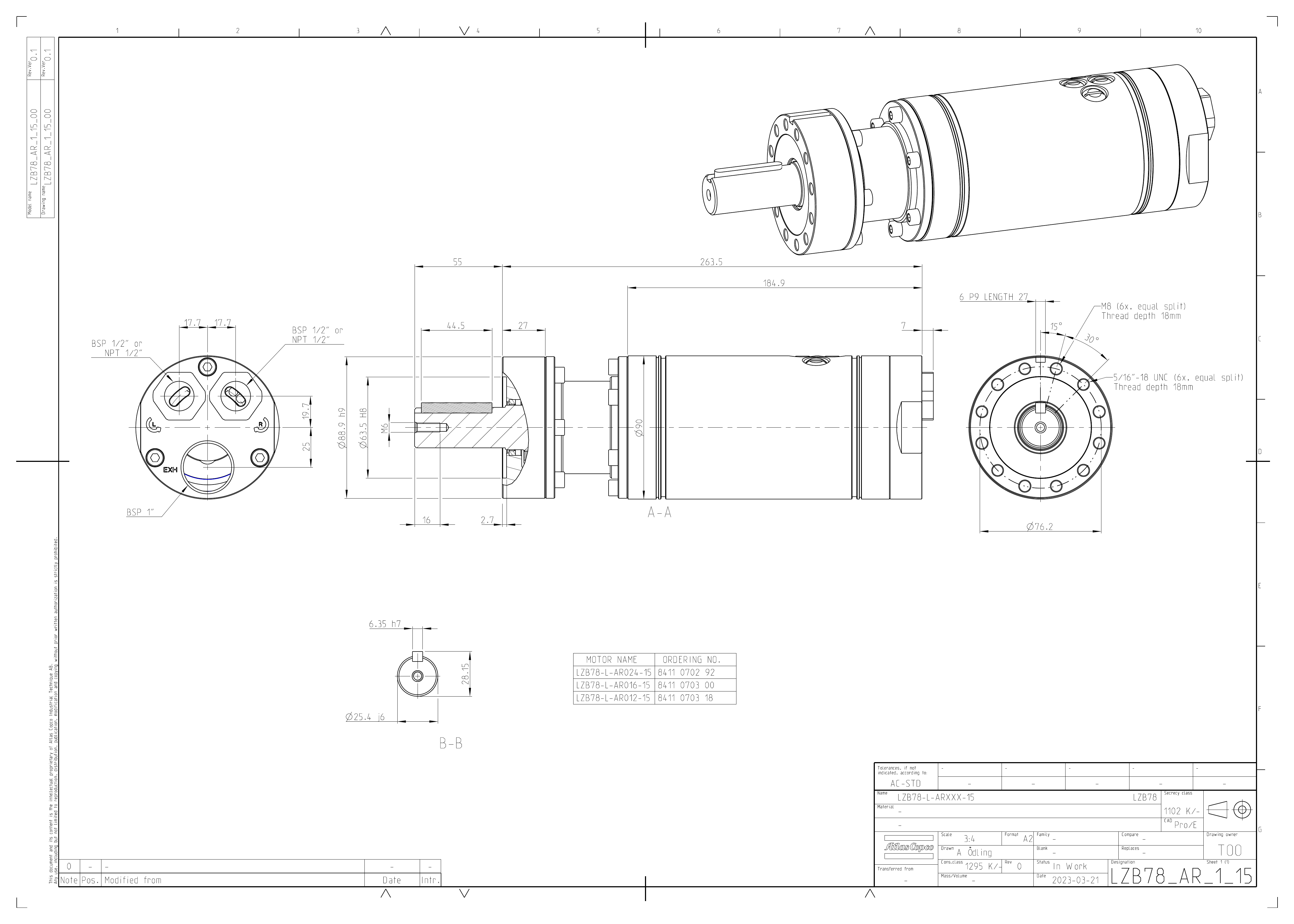 Atlas Copco LZB78-L-AR024-15 | LZB78 Vane Air Motor — Medium Speed, Fully Reversible, Lube-Free