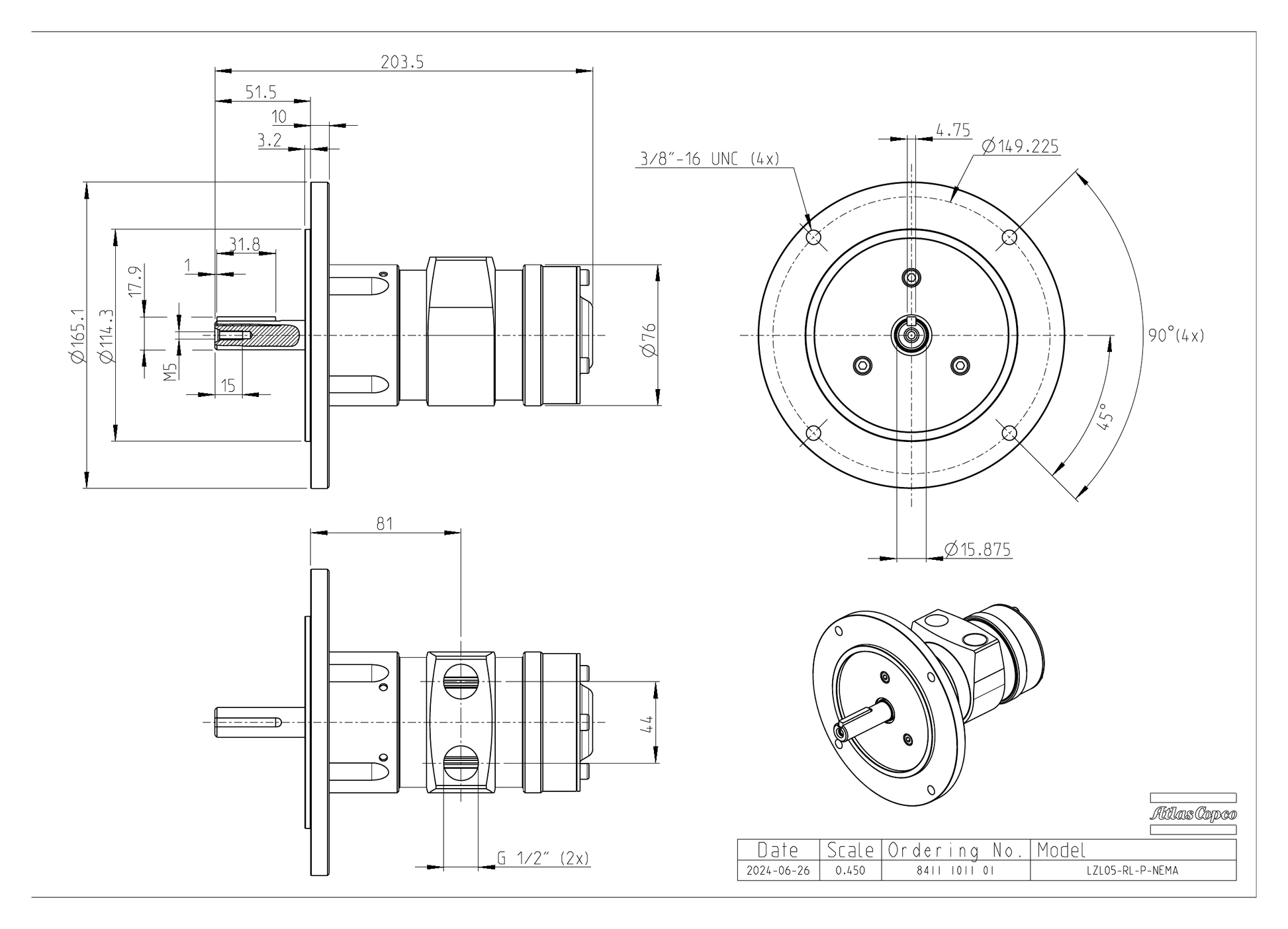 Atlas Copco LZL05-RL-P-NEMA dimensional drawing