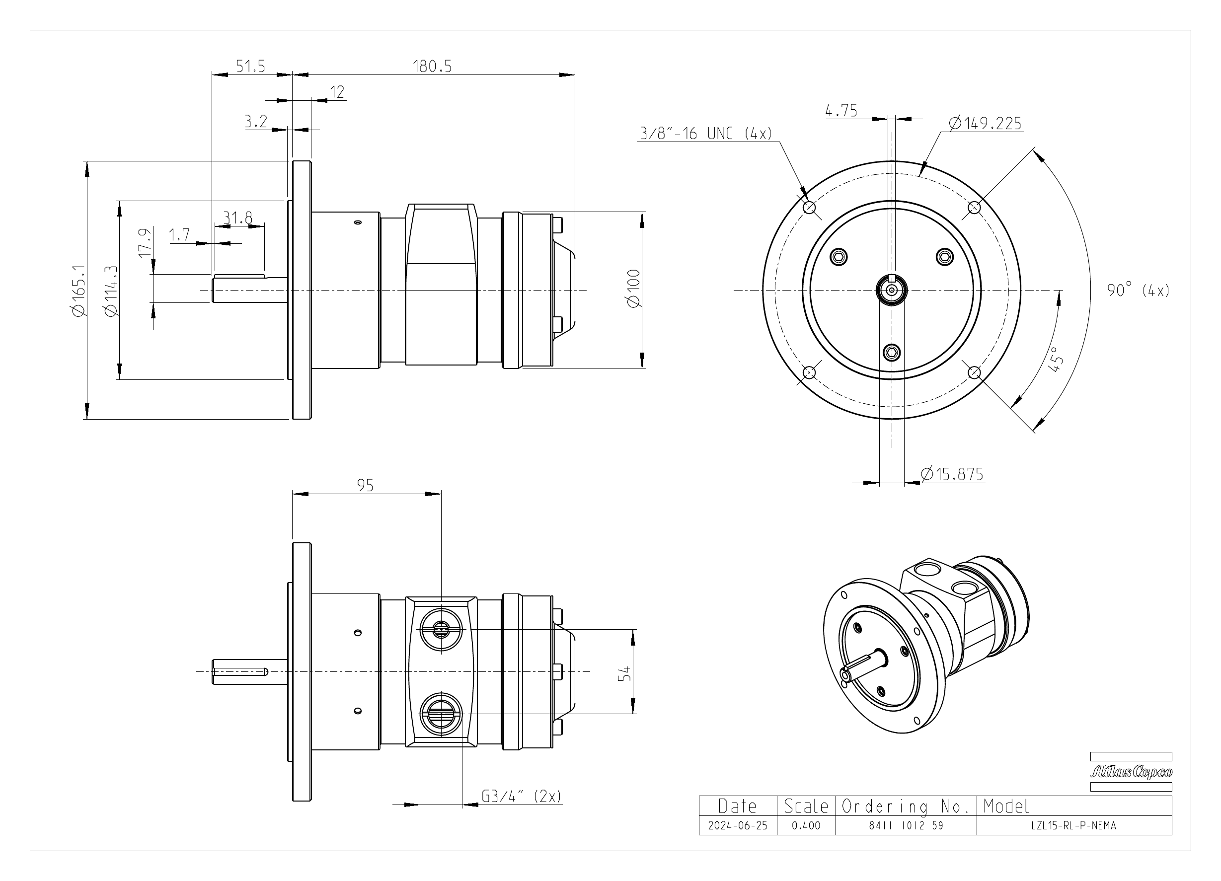 Atlas Copco LZL15-RL-P-NEMA dimensional drawing