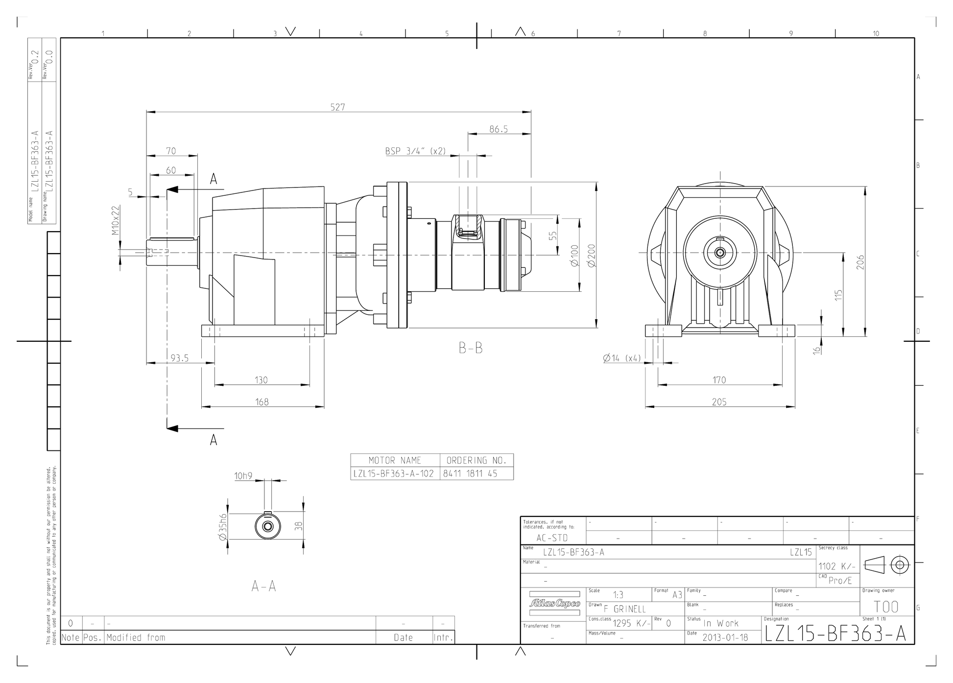 Atlas Copco LZL15-BF363-A-102 dimensional drawing