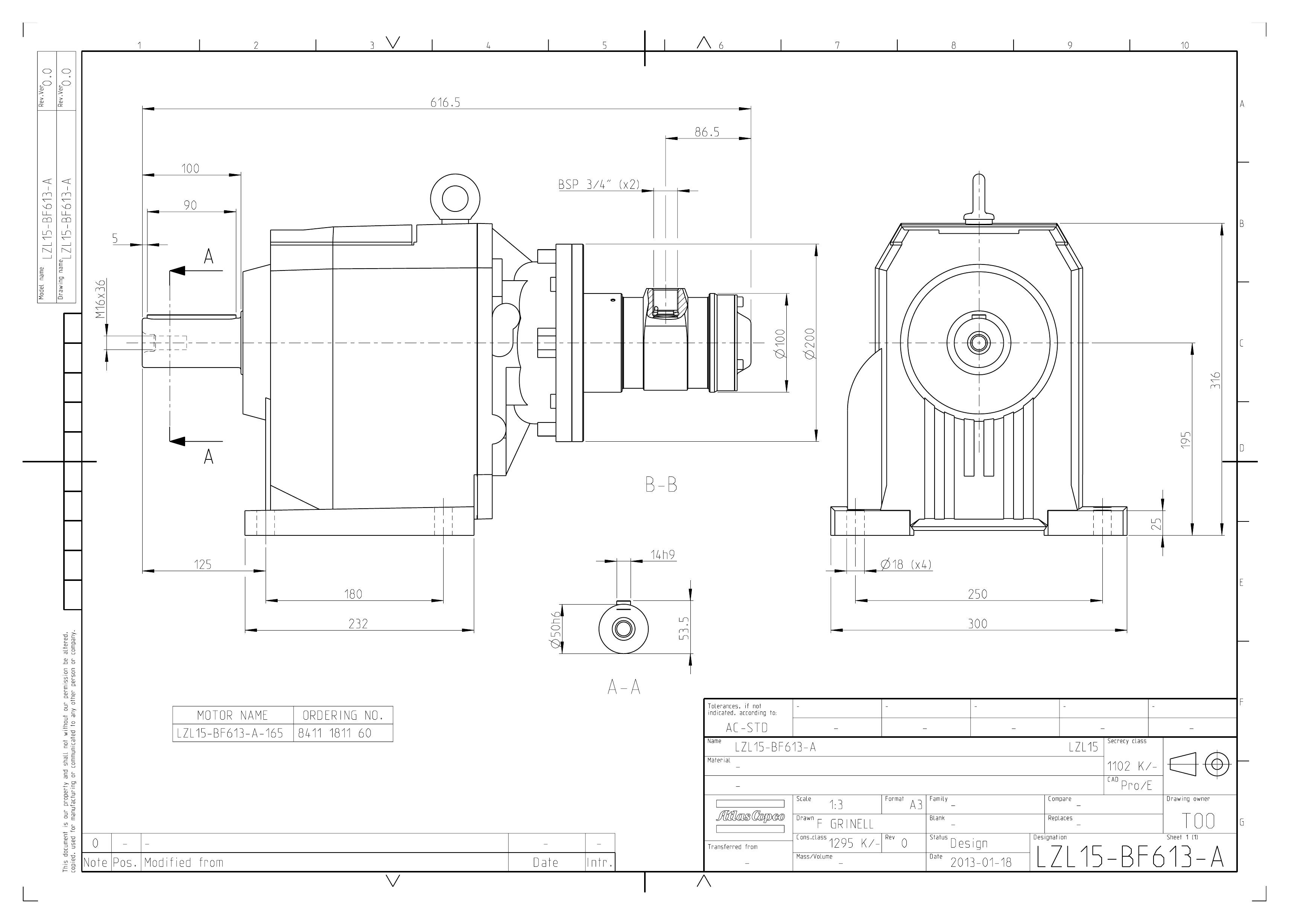 Atlas Copco LZL15-BF613-A-165 dimensional drawing