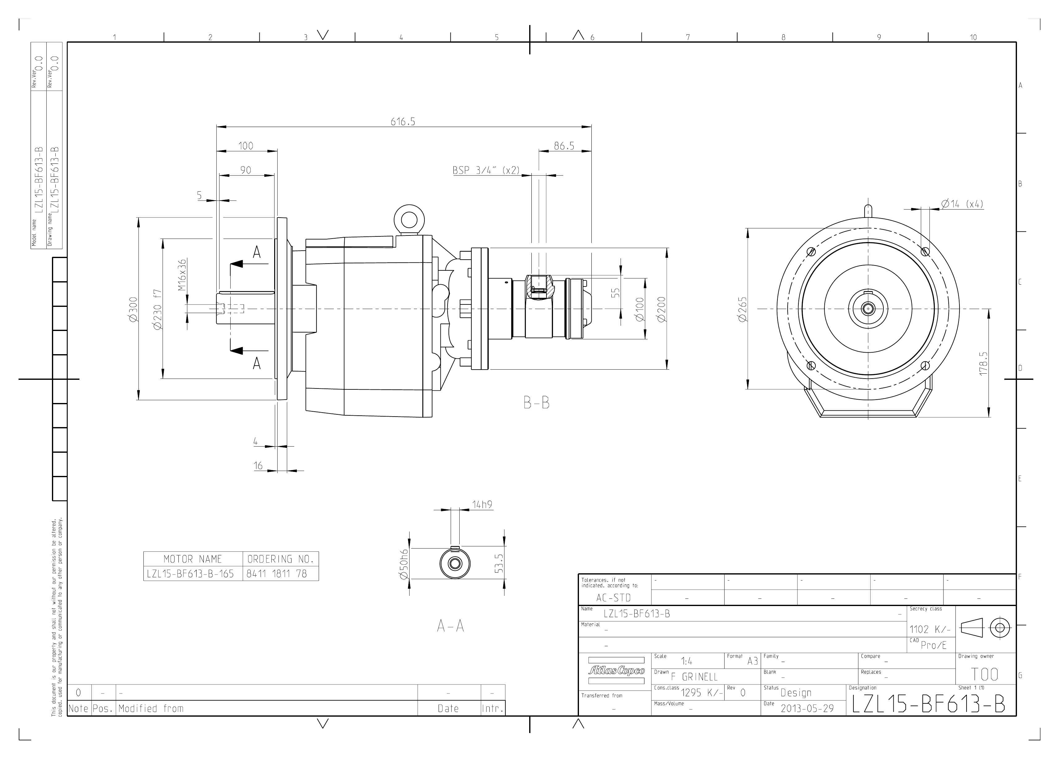 Atlas Copco LZL15-BF613-B-165 dimensional drawing