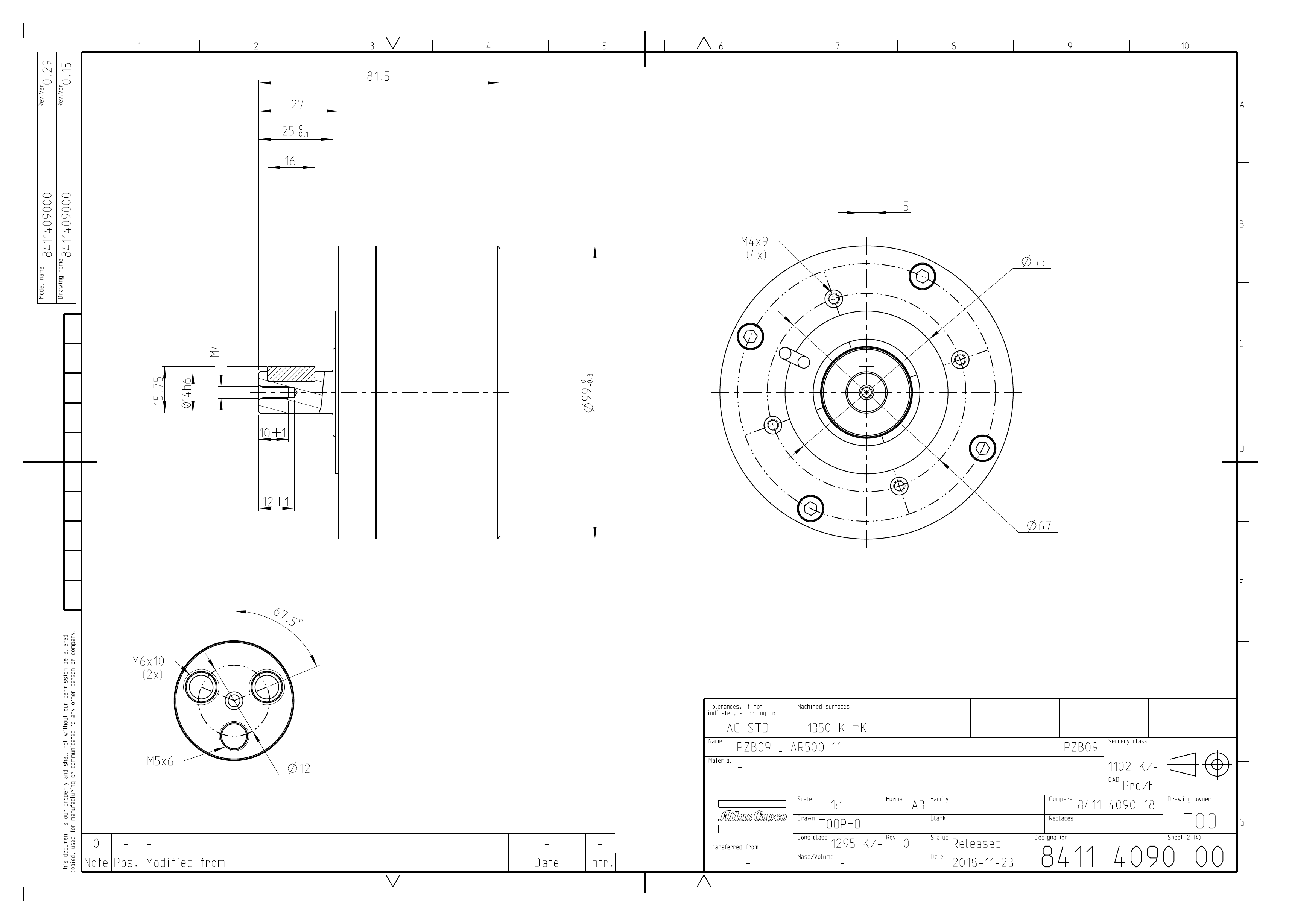 Atlas Copco PZB09-L-AR500-11 dimensional drawing