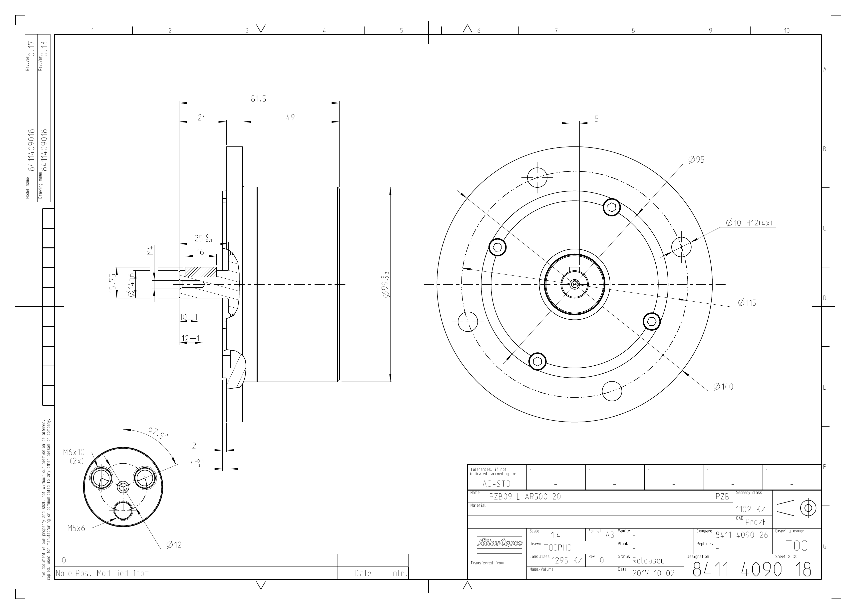 Atlas Copco PZB09-L-AR500-20 dimensional drawing