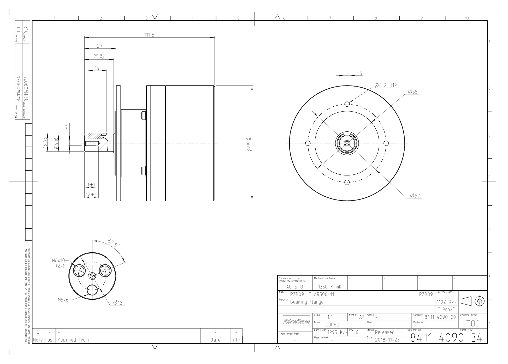 Atlas Copco PZB09-LE-AR500-11 dimensional drawing