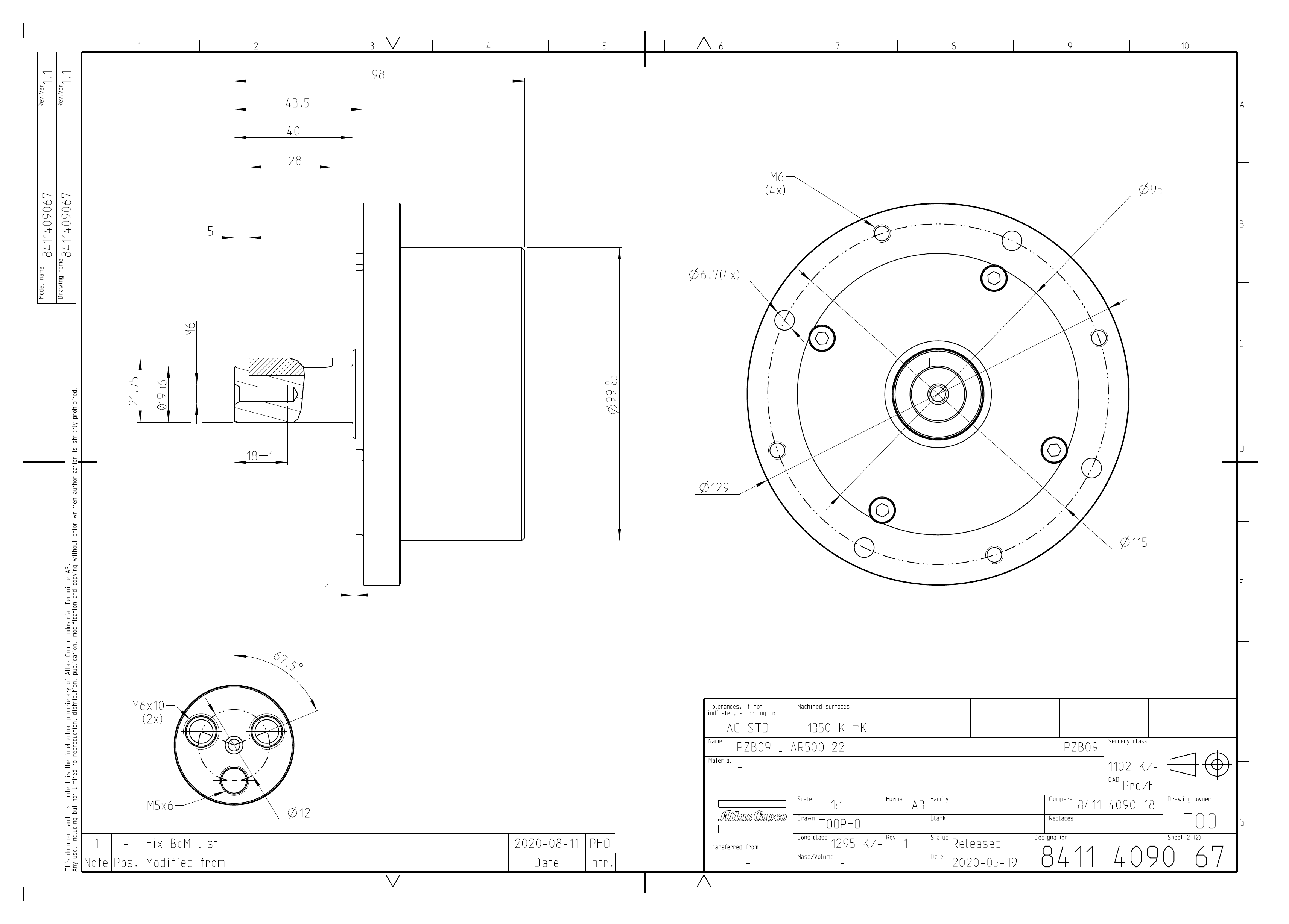 Atlas Copco PZB09-L-AR500-22 dimensional drawing