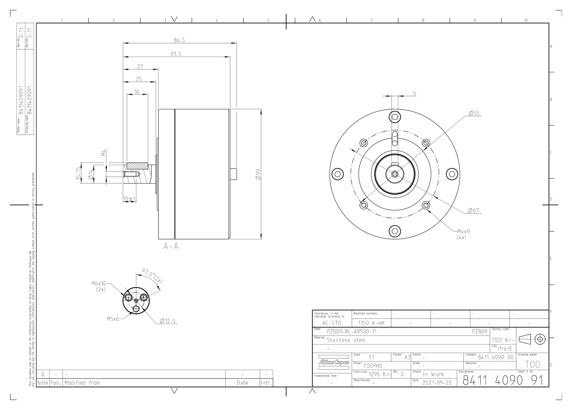 Atlas Copco PZB09-RL-AR500-11 dimensional drawing