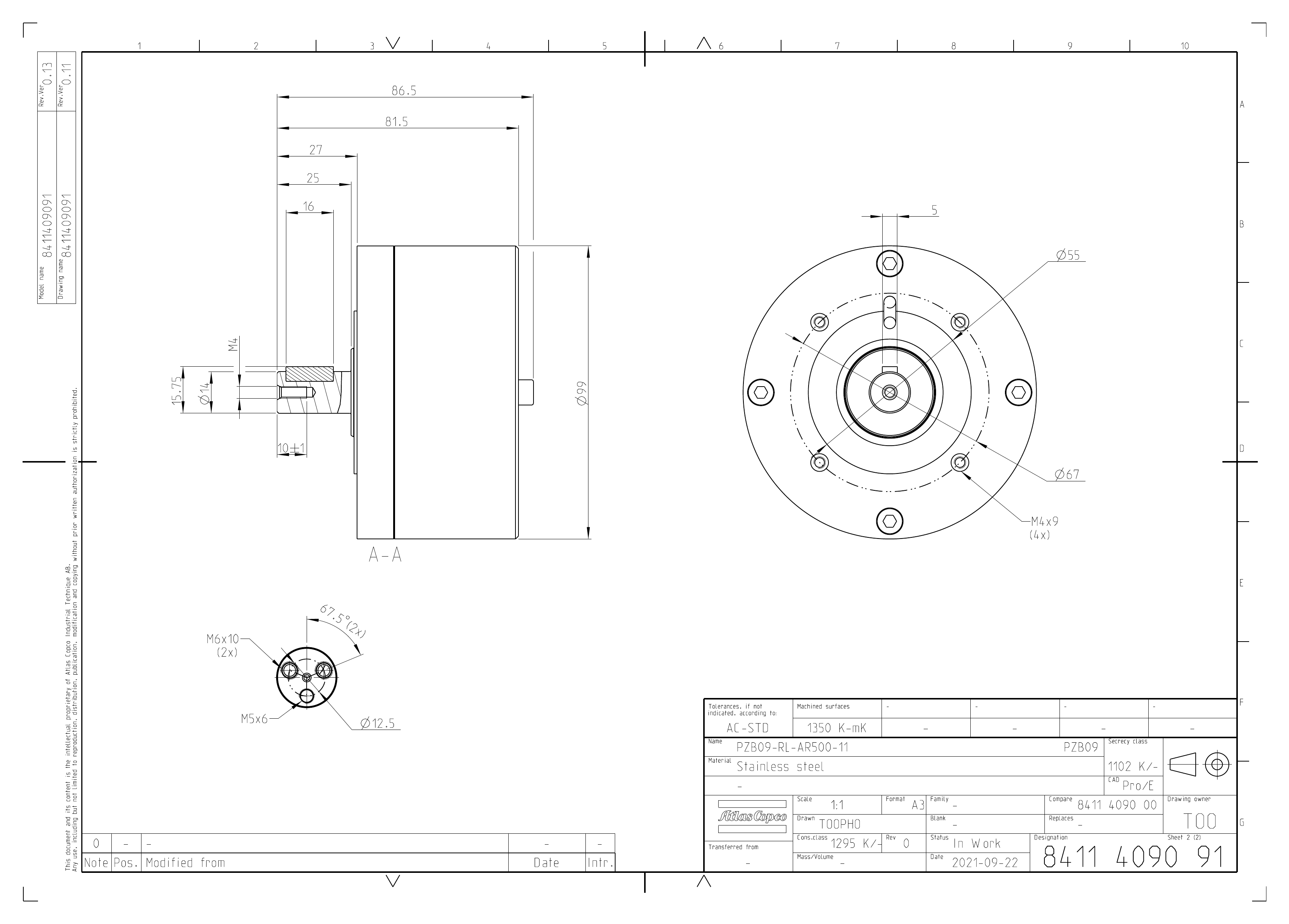 Atlas Copco PZB09-RL-AR500-11 dimensional drawing