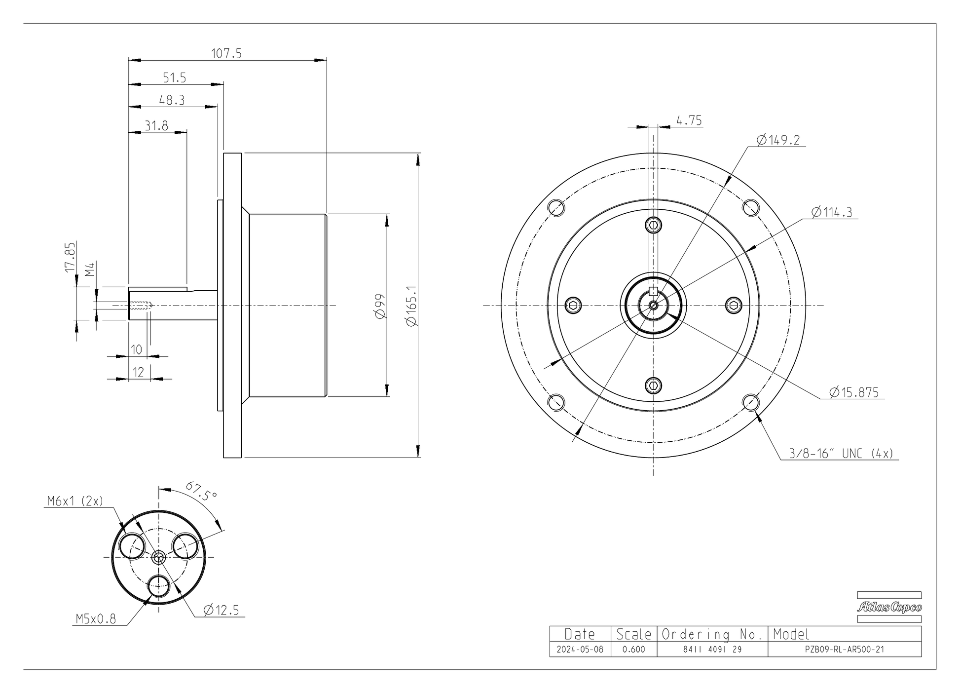 Atlas Copco PZB09-RL-AR500-21 dimensional drawing
