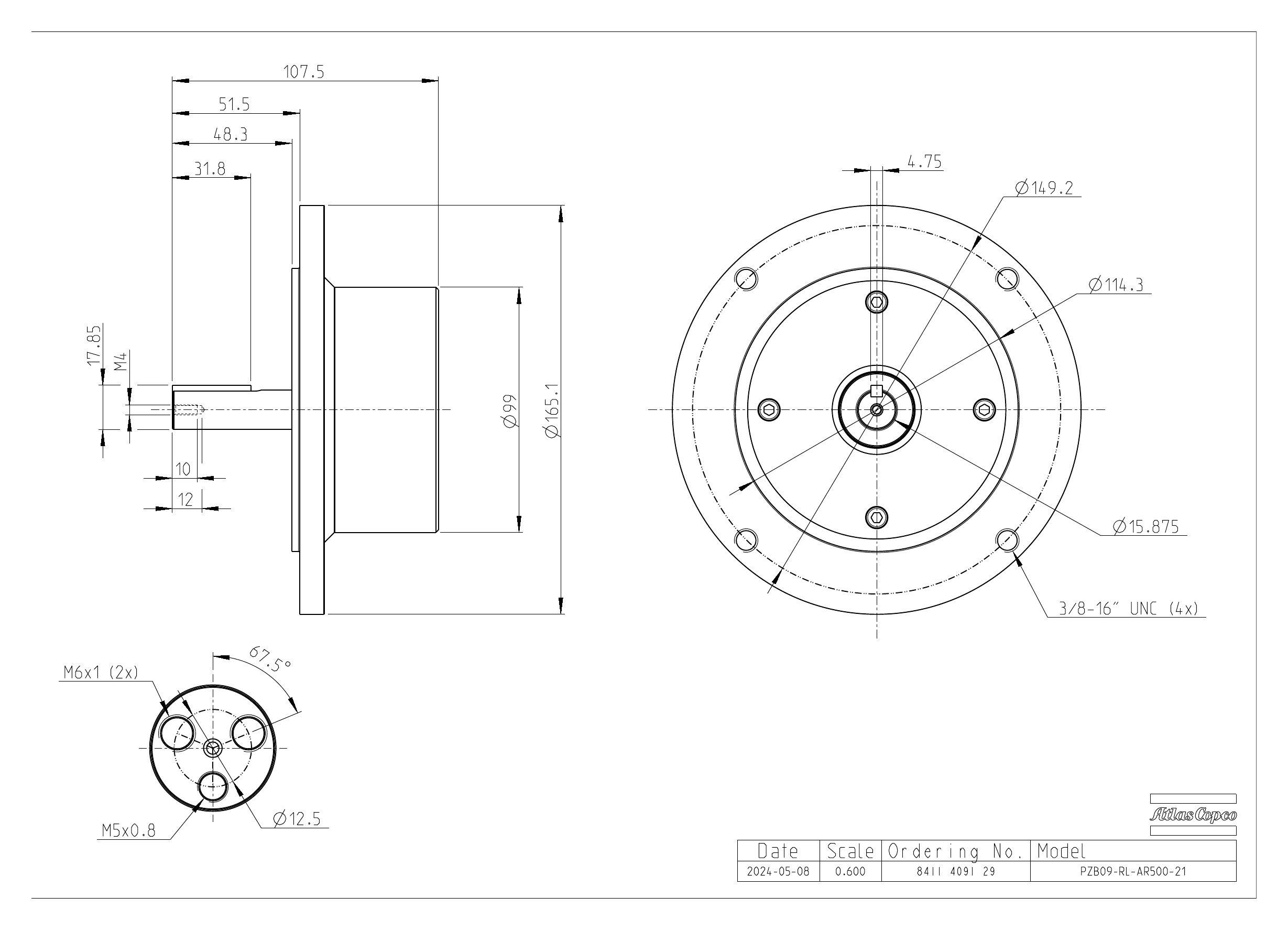 Atlas Copco PZB09-RL-AR500-21 dimensional drawing