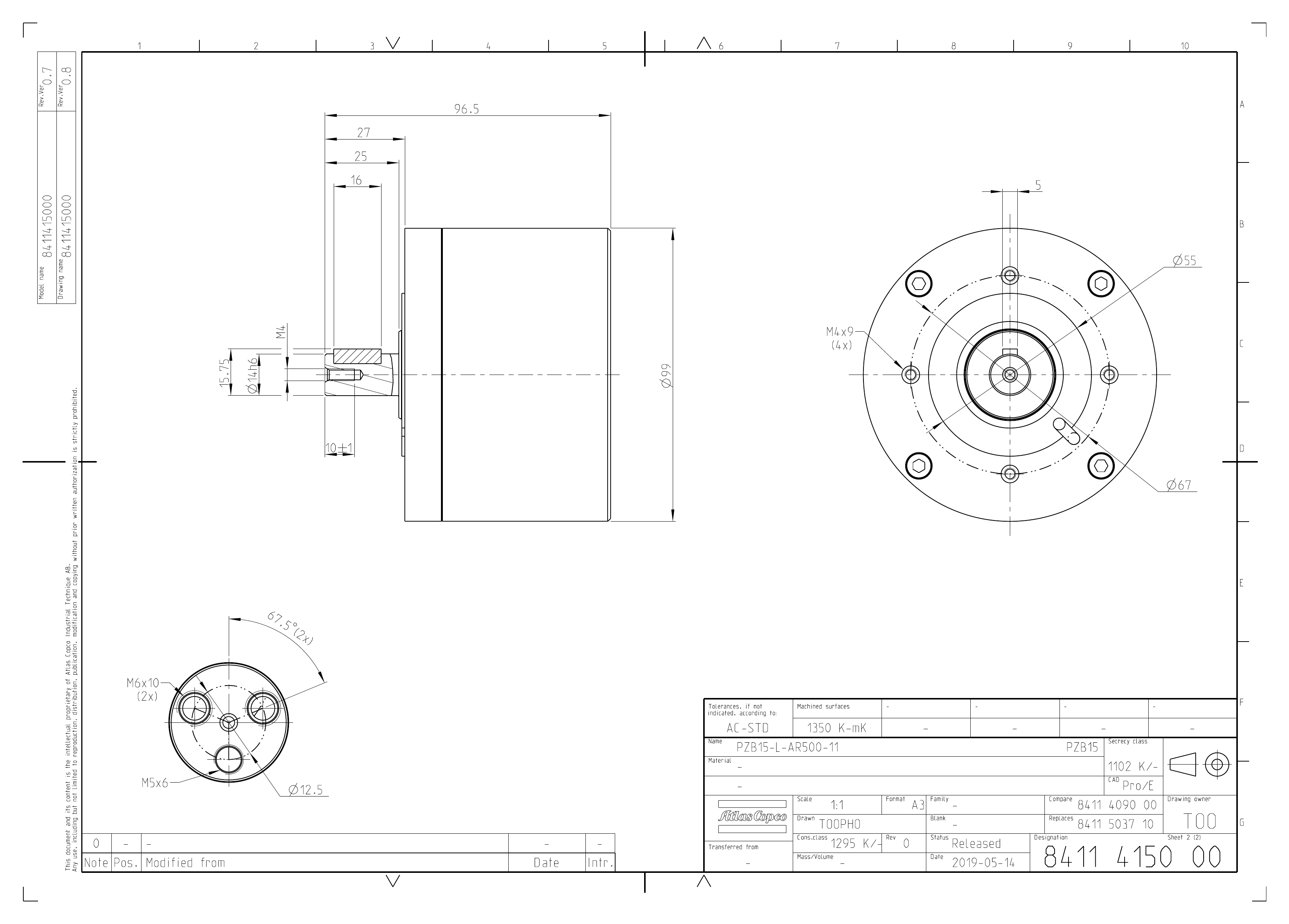 Atlas Copco PZB15-L-AR500-11 dimensional drawing