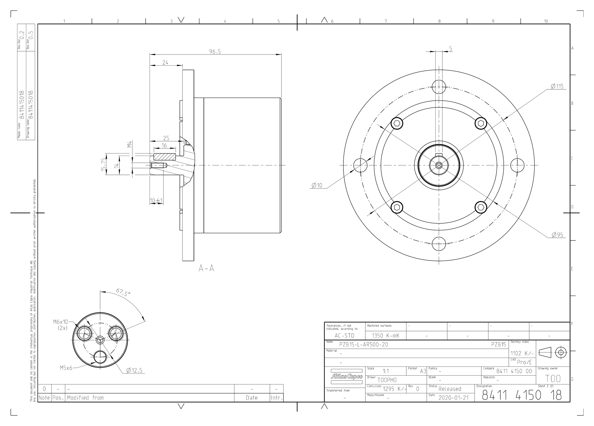 Atlas Copco PZB15-L-AR500-20 dimensional drawing
