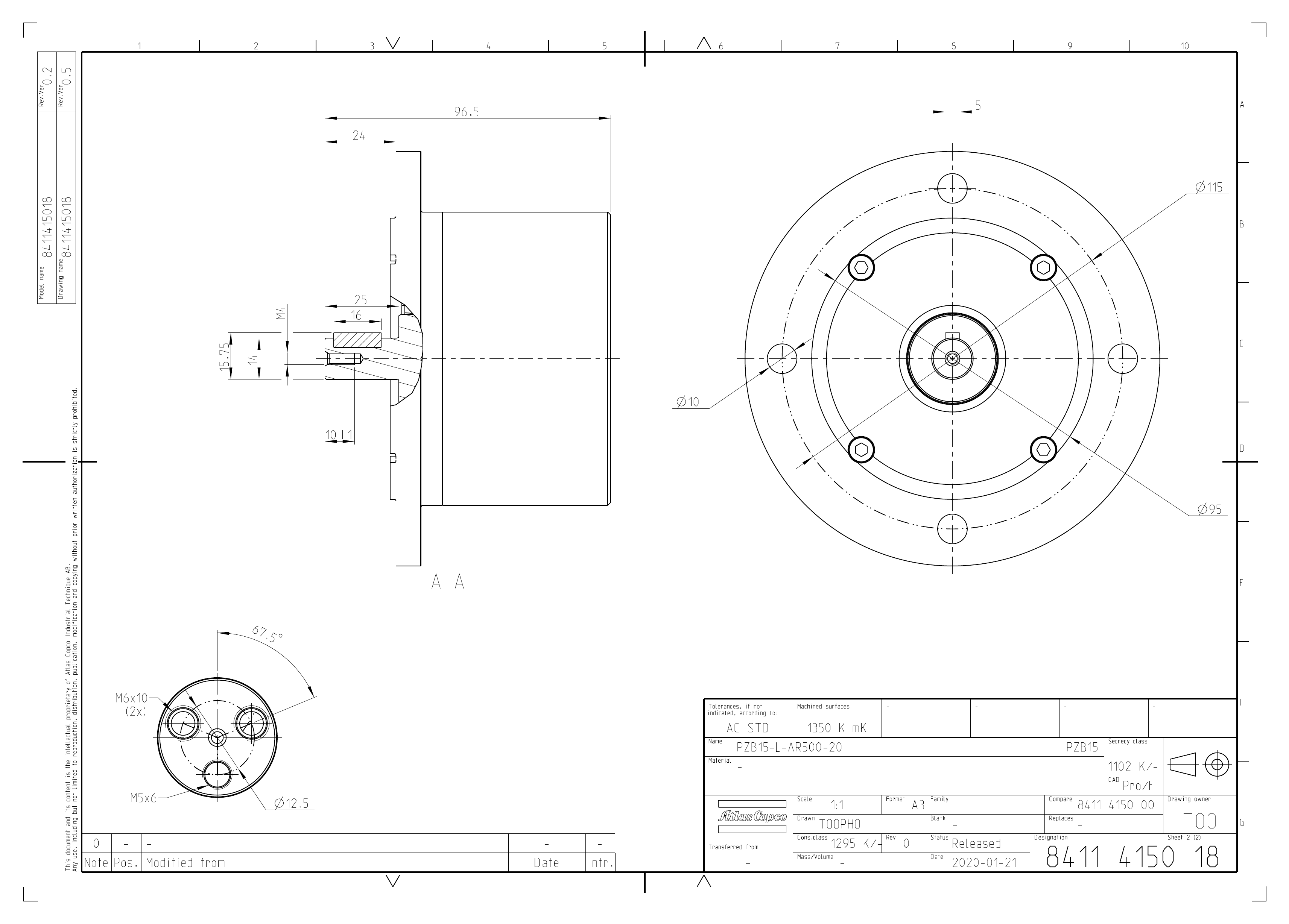 Atlas Copco PZB15-L-AR500-20 dimensional drawing