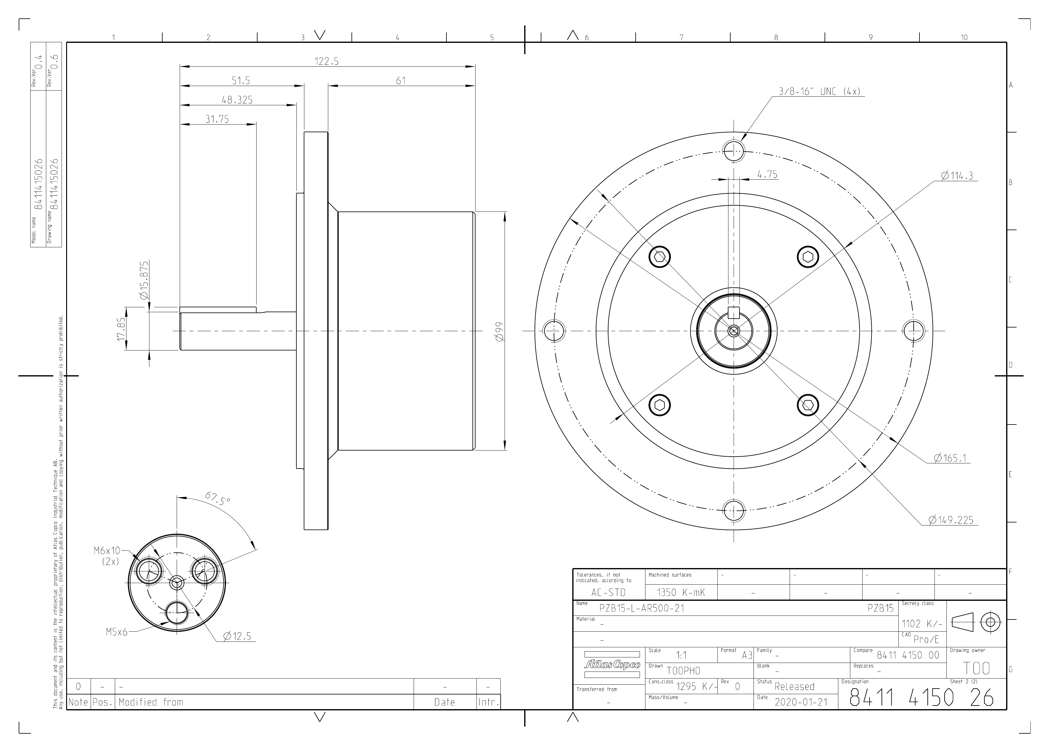 Atlas Copco PZB15-L-AR500-21 dimensional drawing
