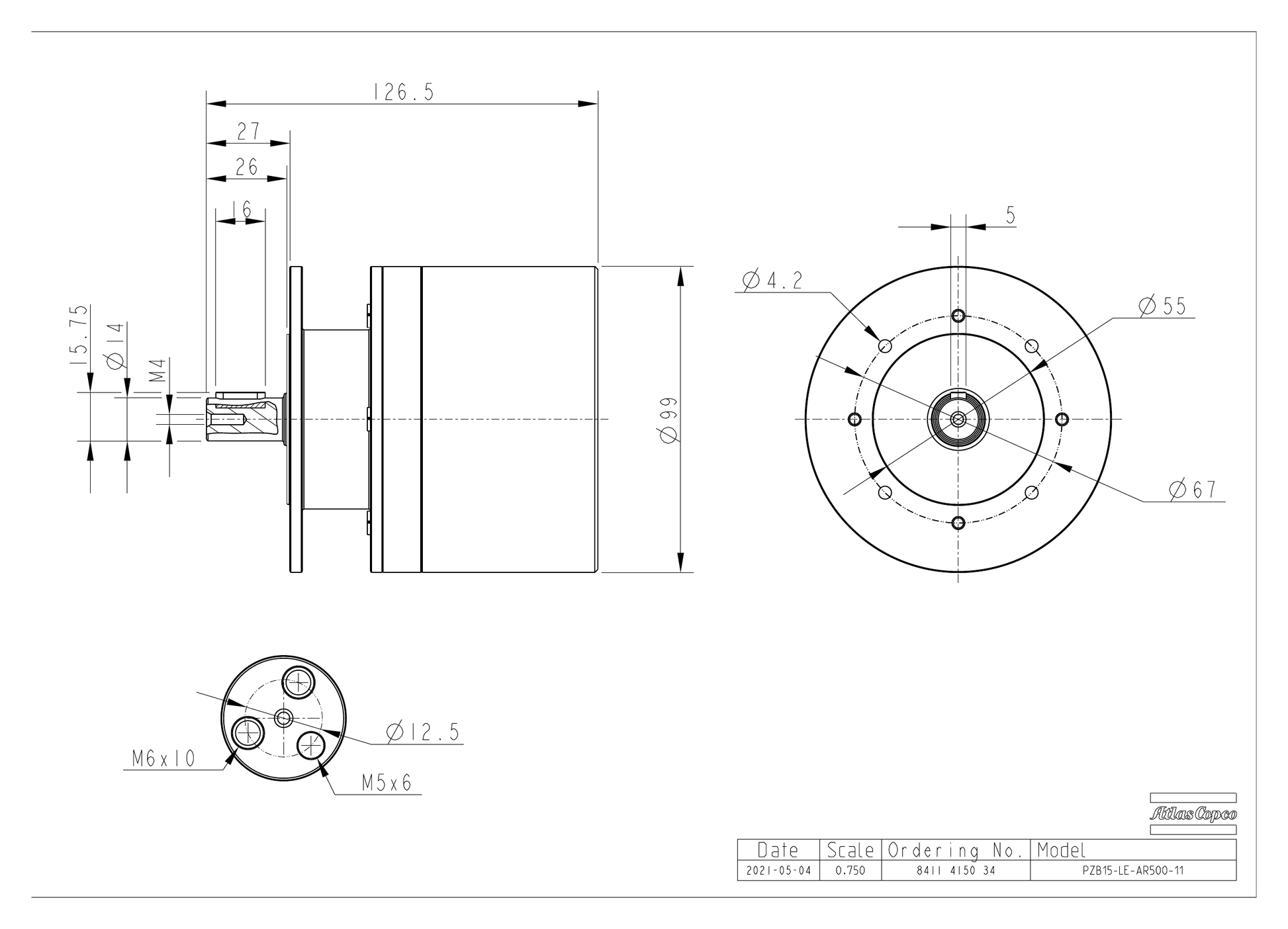 Atlas Copco PZB15-LE-AR500-11 dimensional drawing