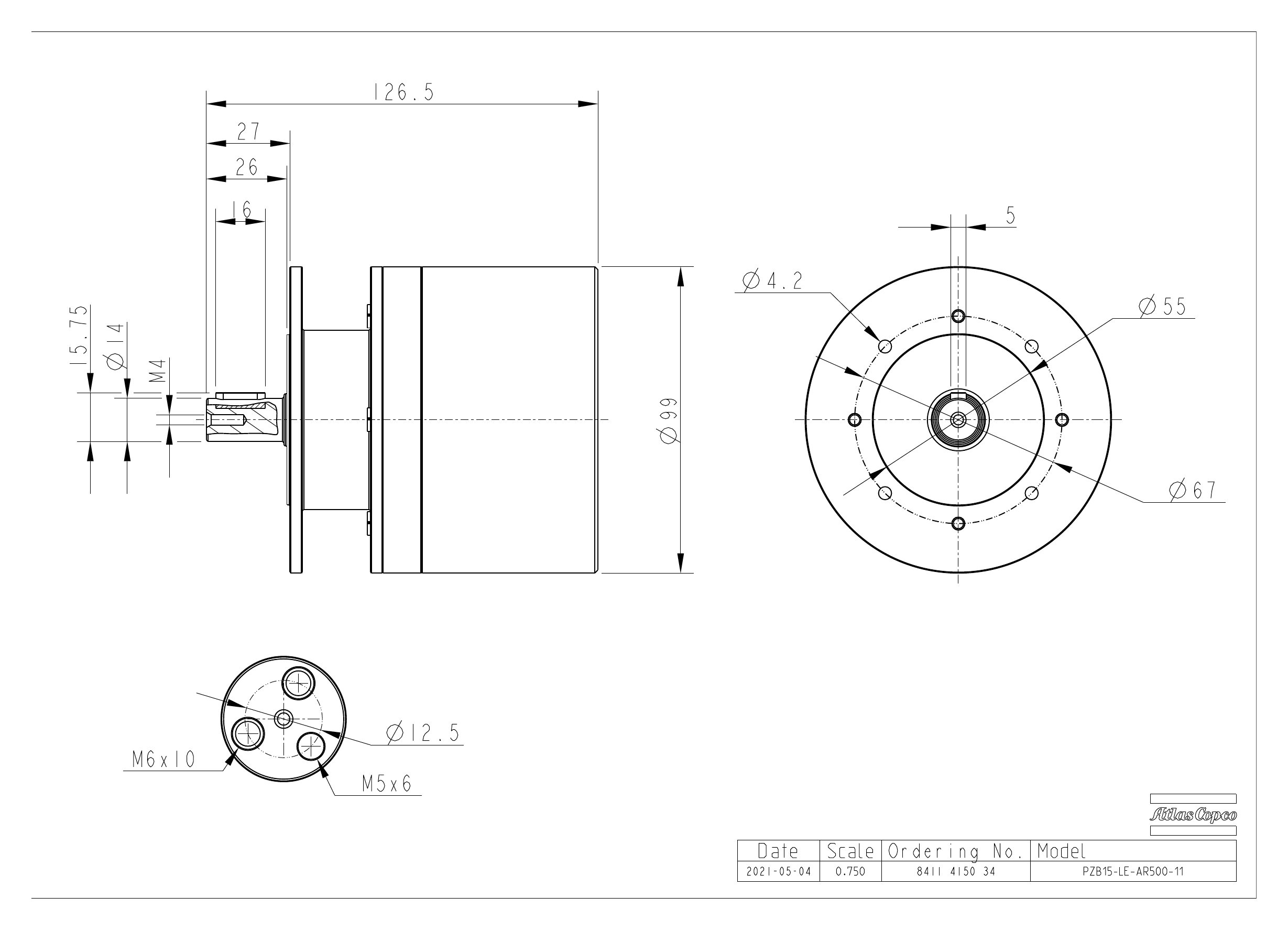 Atlas Copco PZB15-LE-AR500-11 dimensional drawing