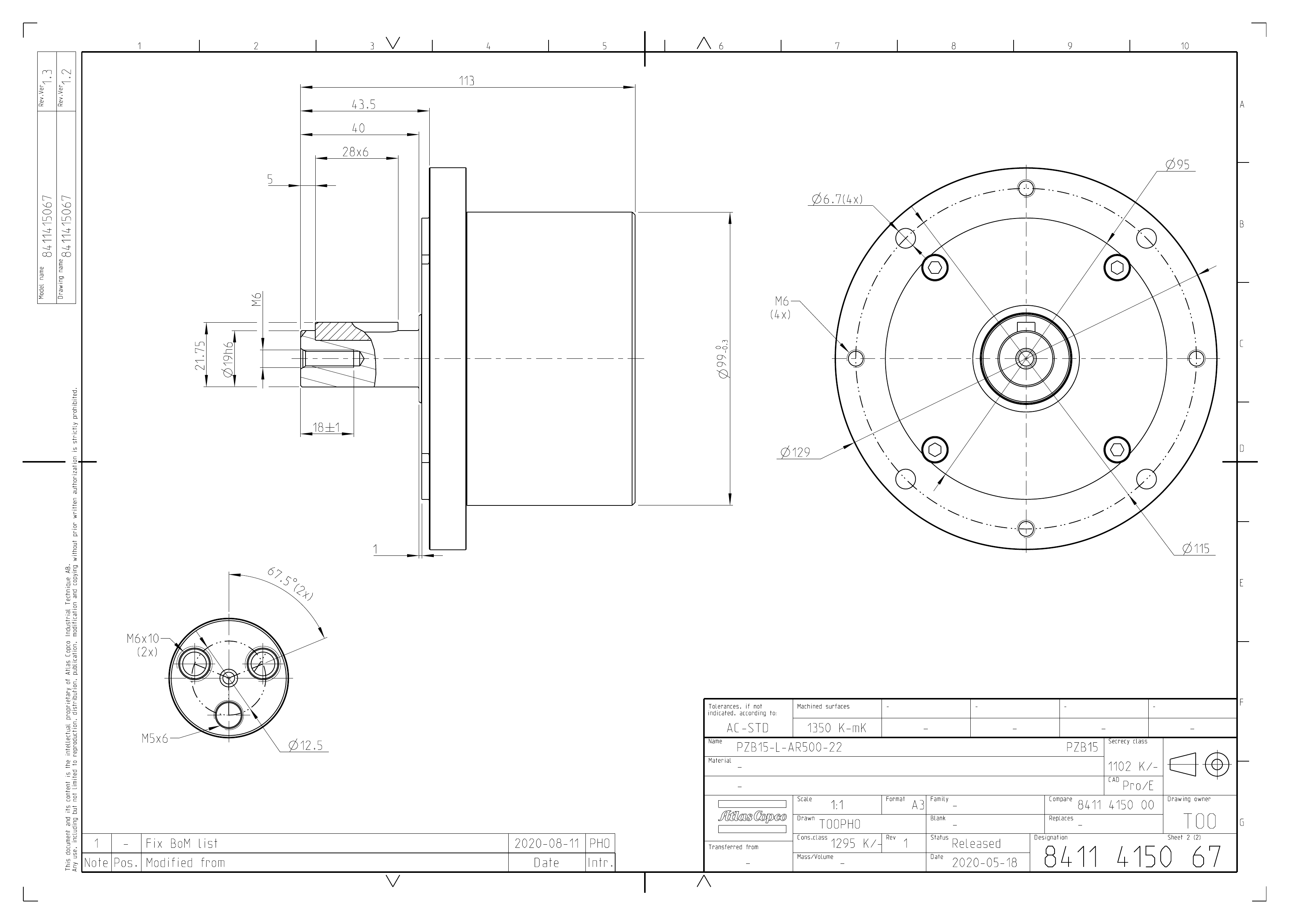 Atlas Copco PZB15-L-AR500-22 dimensional drawing