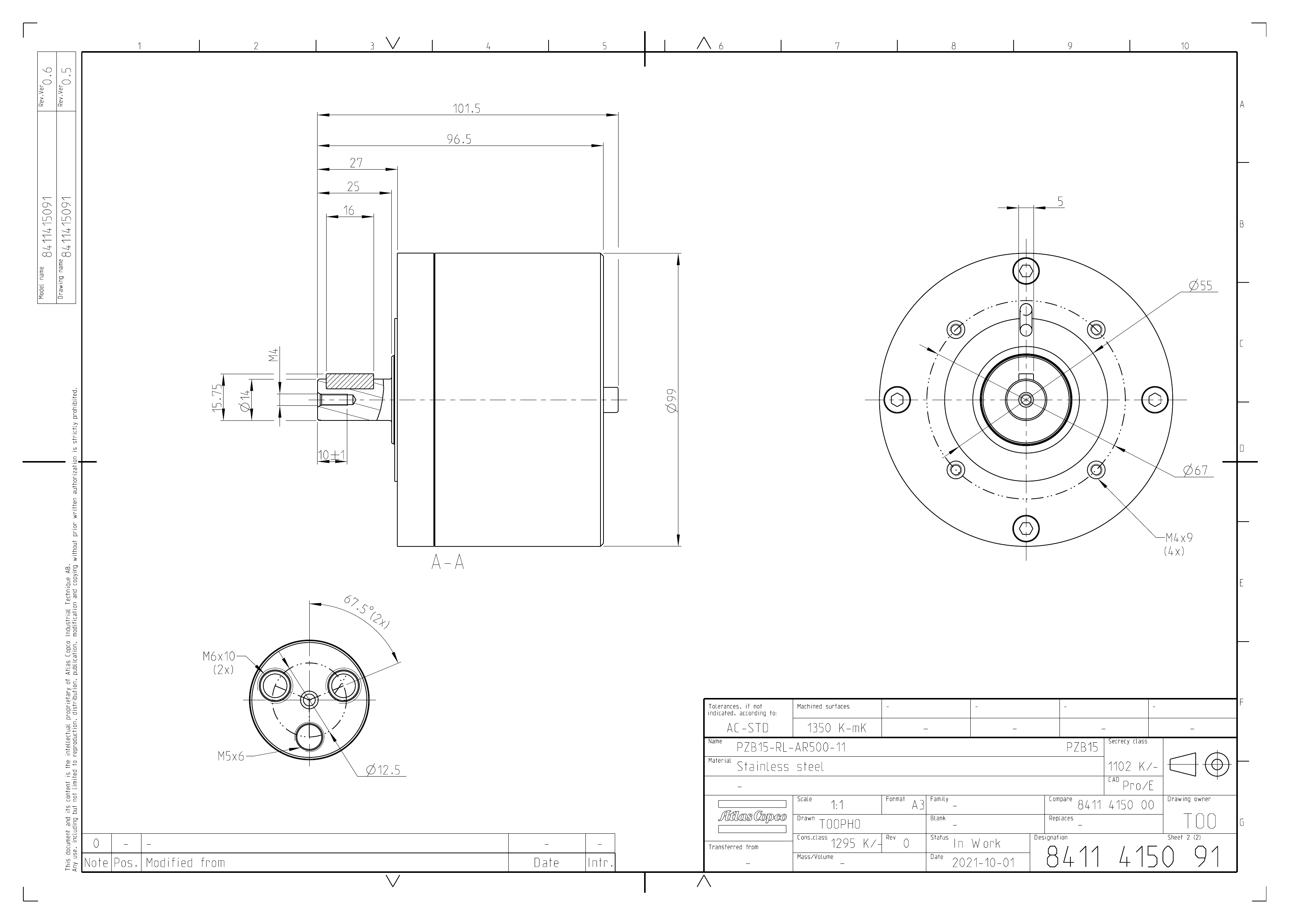Atlas Copco PZB15-RL-AR500-11 dimensional drawing