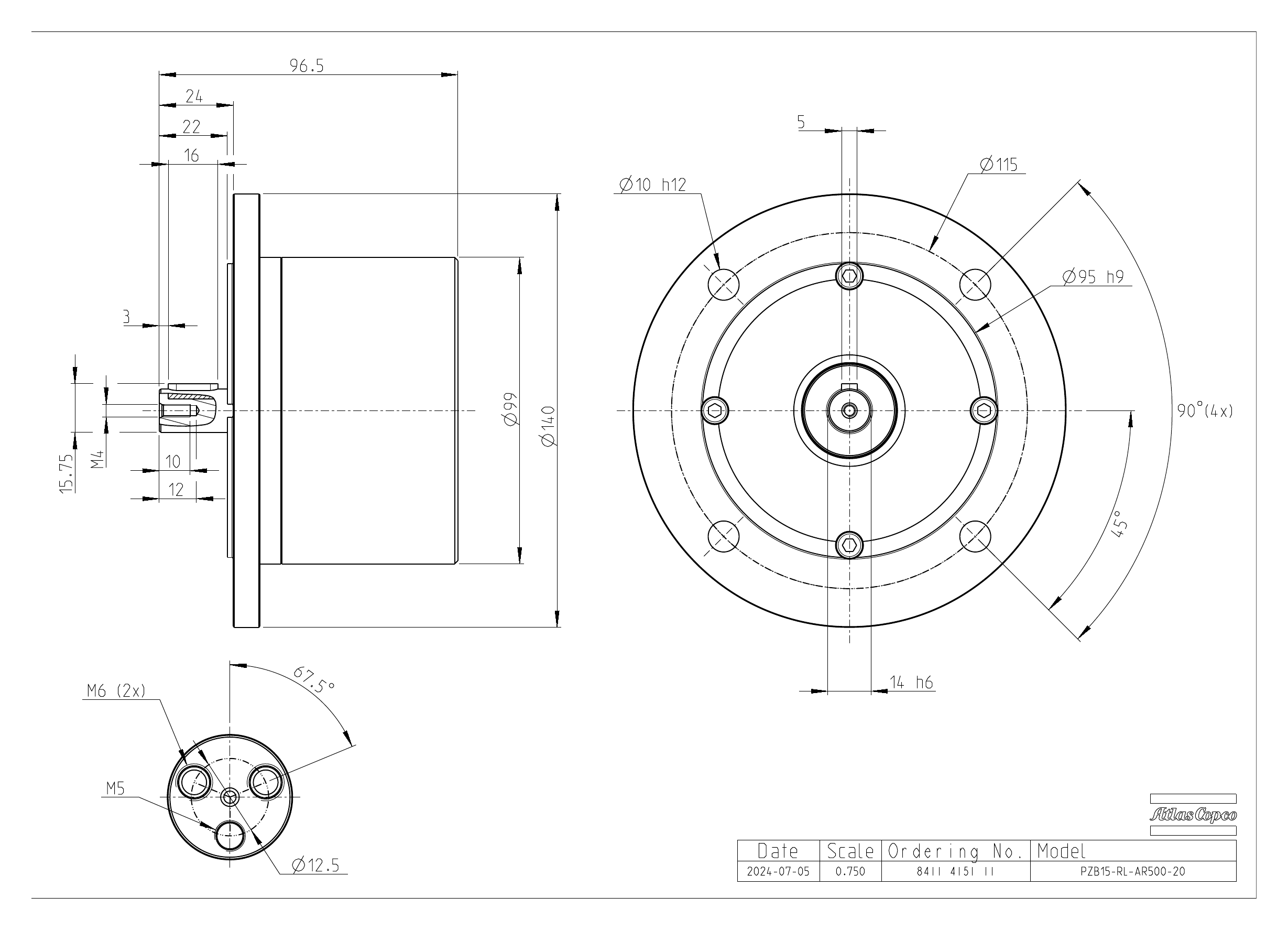 Atlas Copco PZB15-RL-AR500-20 dimensional drawing