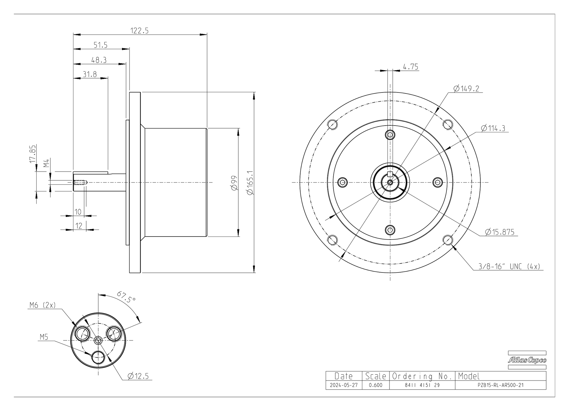 Atlas Copco PZB15-RL-AR500-21 dimensional drawing