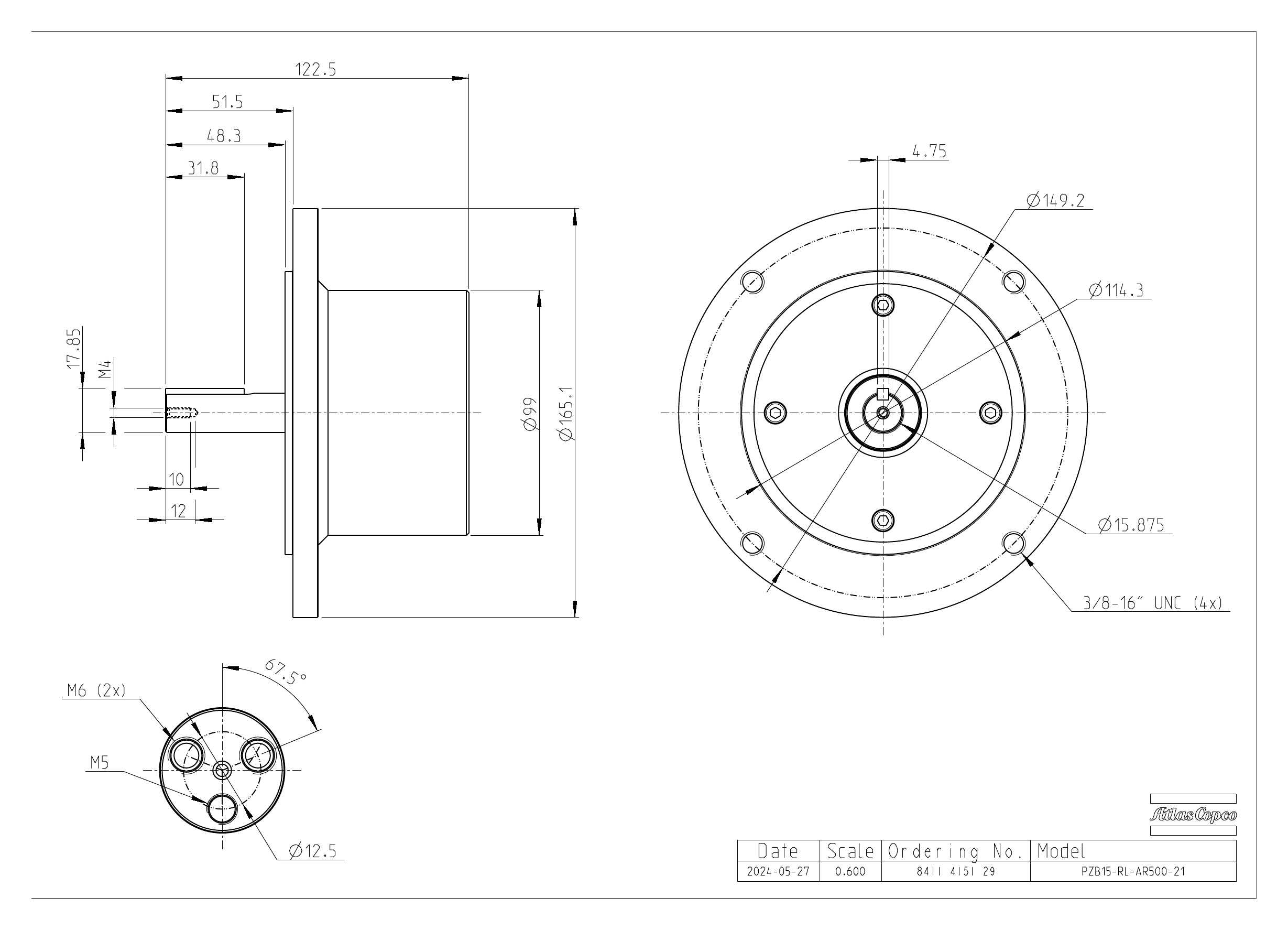 Atlas Copco PZB15-RL-AR500-21 dimensional drawing