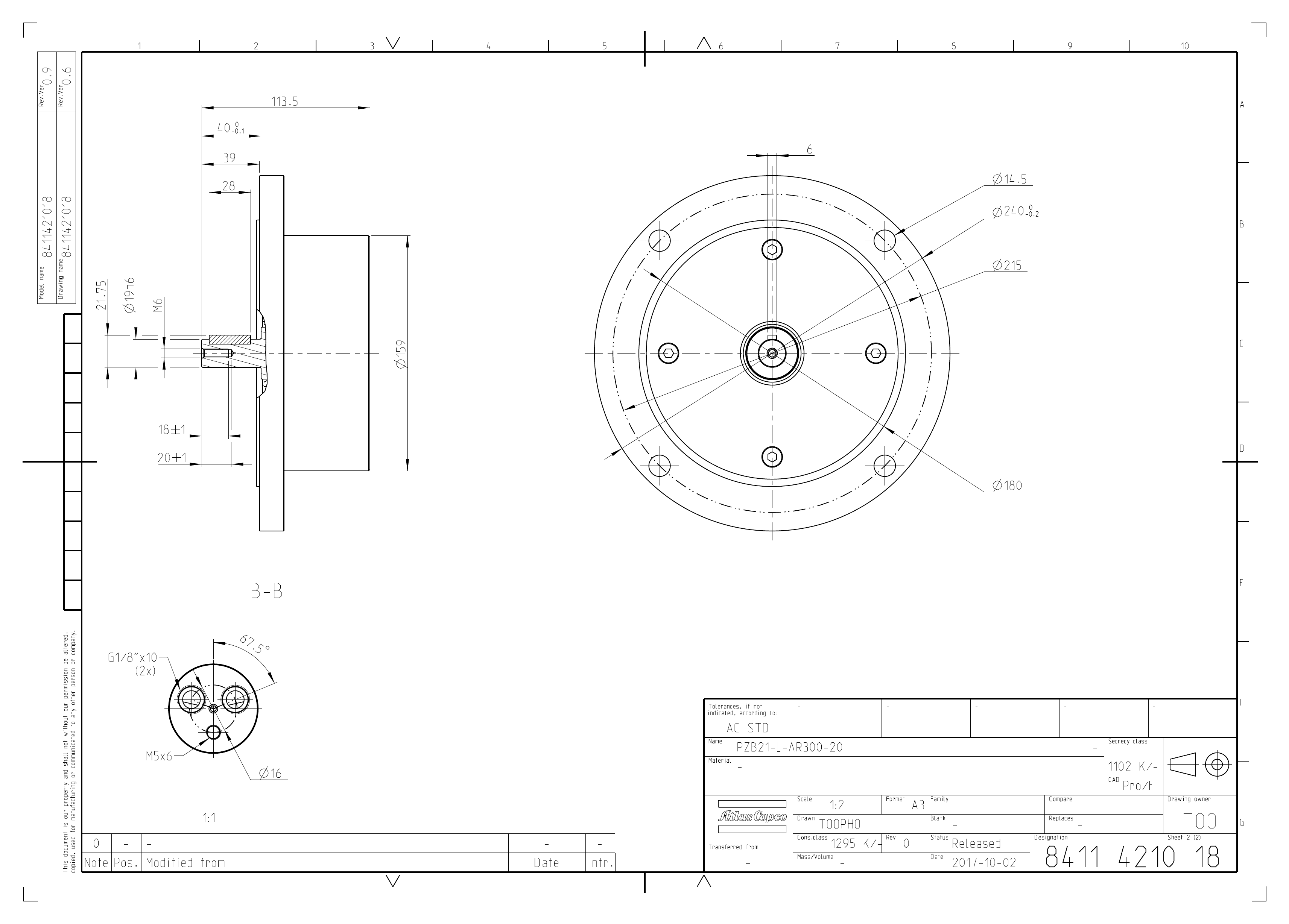 Atlas Copco PZB21-L-AR300-20 dimensional drawing