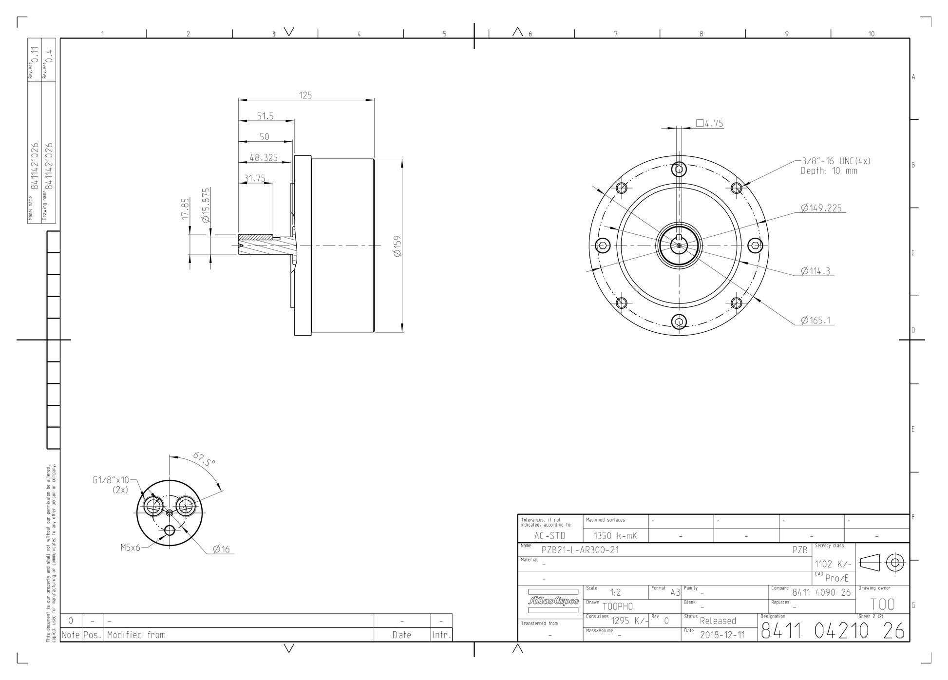 Atlas Copco PZB21-L-AR300-21 dimensional drawing