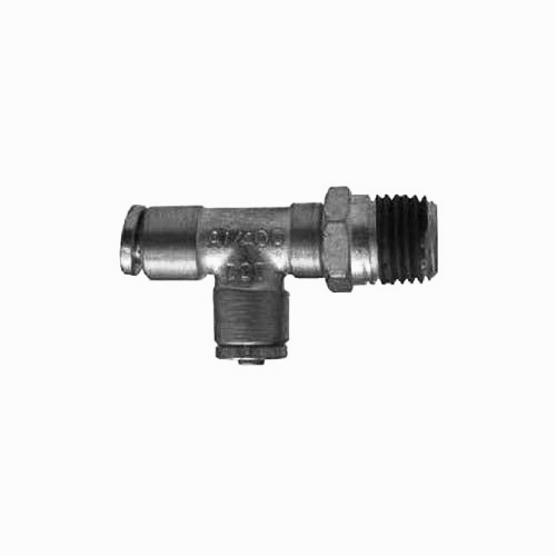 Nickel-plated brass push-to-connect swivel male run tee — push-in tube ends with a male NPT swivel branch