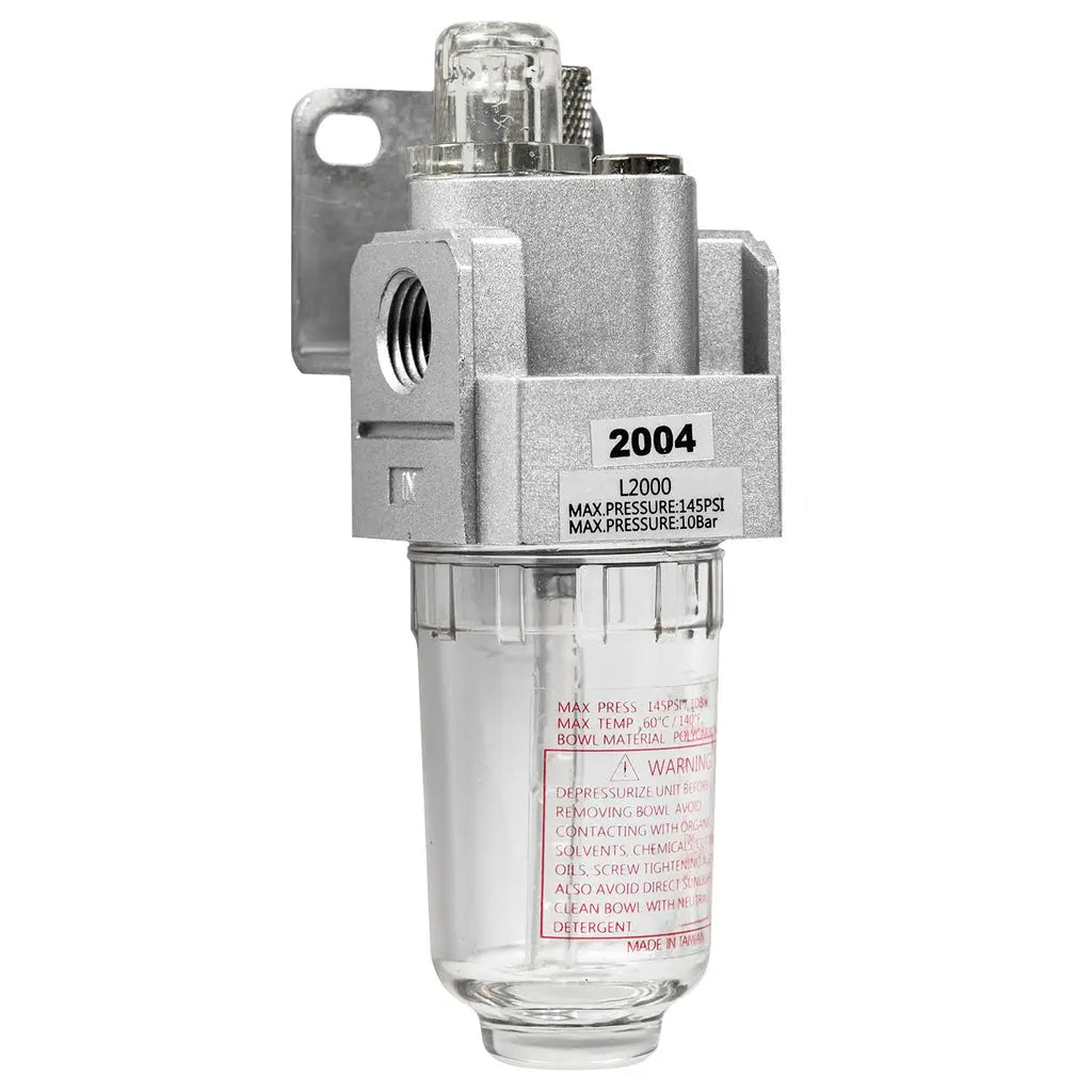1/4" NPT mini in-line air tool lubricator with clear 1 oz poly bowl, L2000 series, 145 PSI
