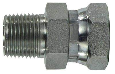 Steel swivel adapter — male NPT inlet × female NPT outlet with 360° swivel
