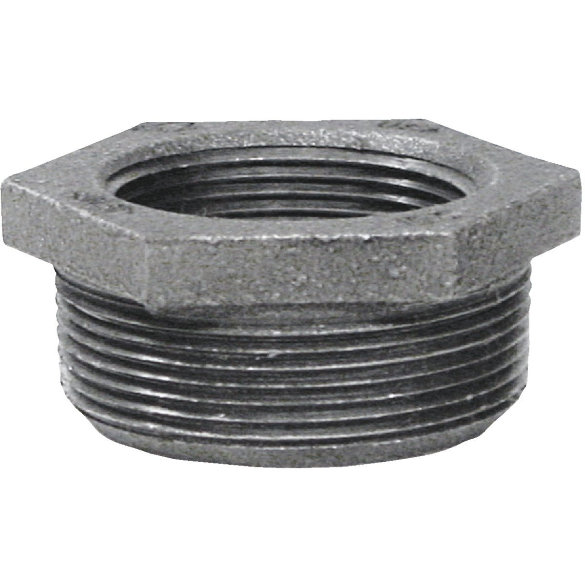 Black steel hex reducing pipe bushing fitting, MNPT male threaded outside x FNPT female threaded inside