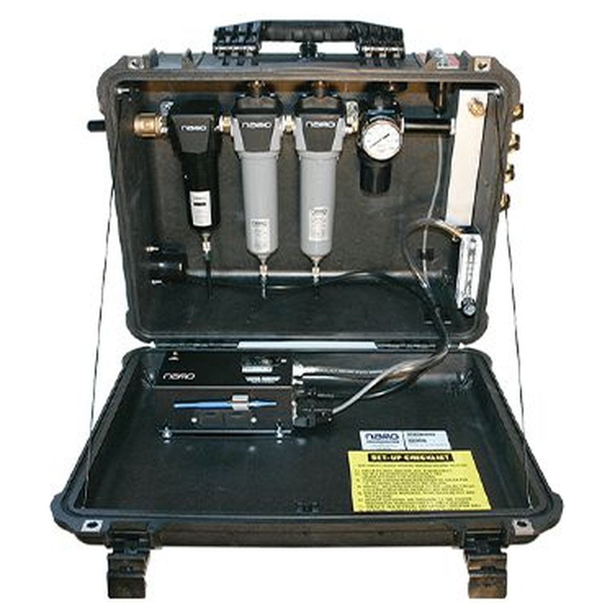 Nano BAC portable breathing air purification case shown open with filters, regulator and battery operated CO monitor