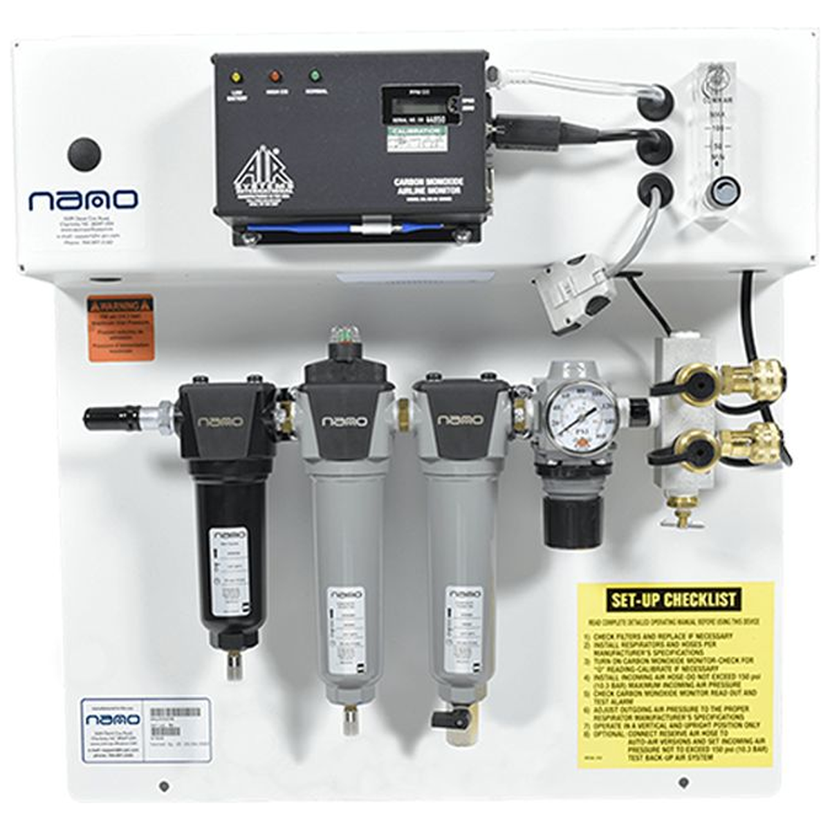 Nano BAP breathing air purification panel with integrated CO monitor, water separator, coalescing filter and activated carbon adsorber