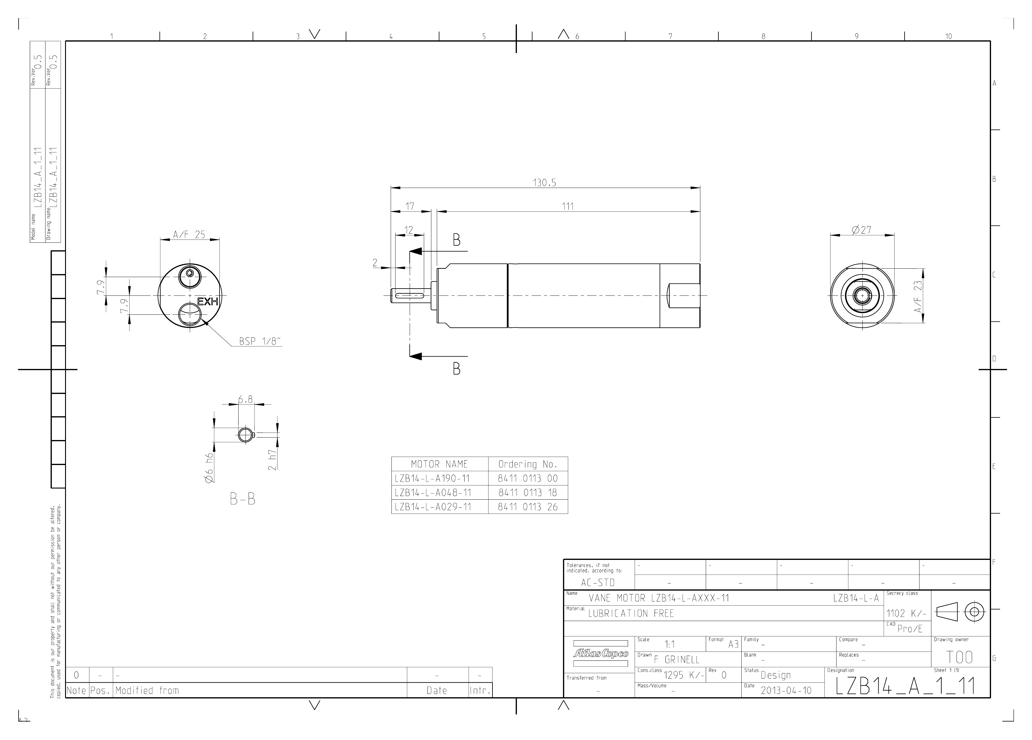 Atlas Copco LZB14-L-A190-11 dimensional drawing