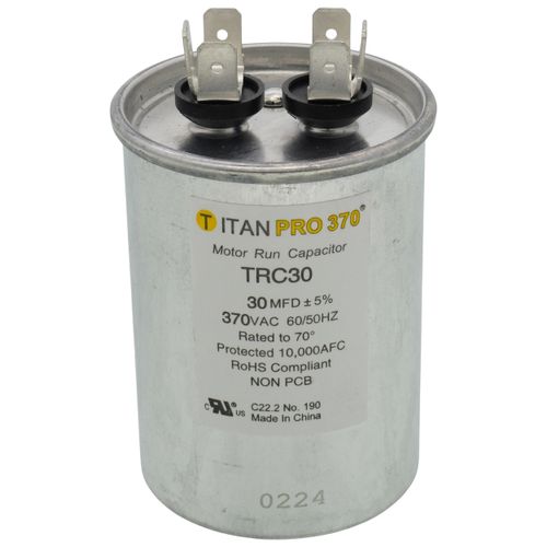 Packard Titan Pro 370 round motor run capacitor, aluminium can, quick connect terminals