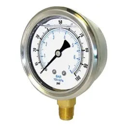 PIC Gauges 201L-204 2 inch liquid filled pressure gauge, 1/4 inch NPT lower mount, glycerine filled stainless steel case with brass internals