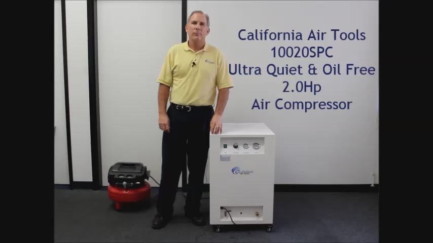 Load video: California Air Tools 2.0 Hp 10.0 Gal. Steel Tank Ultra Quiet &amp; Oil-Free Air Compressor in Sound Proof Cabinet | CAT-10020SPCAD