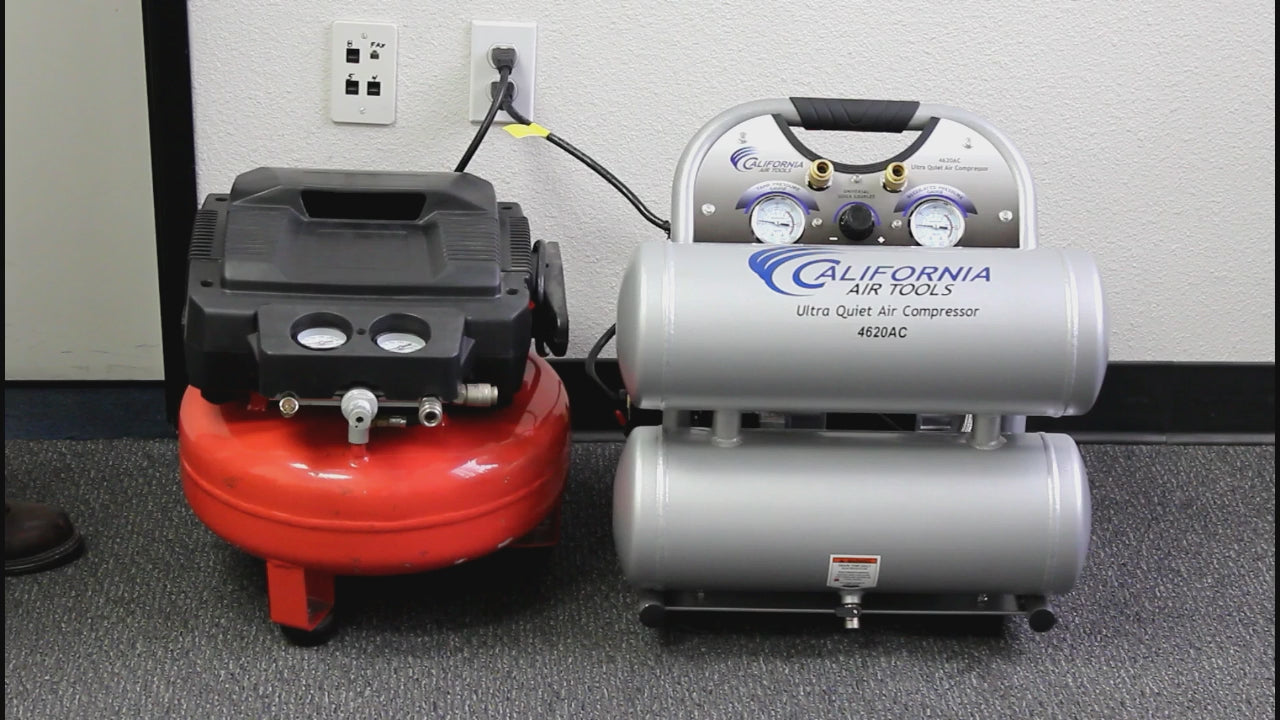 Load video: California Air Tools 2.0 Hp, 4.0 Gal. Aluminum Twin Tank Ultra Quiet  &amp; Oil-Free Air Compressor | CAT-4620AC