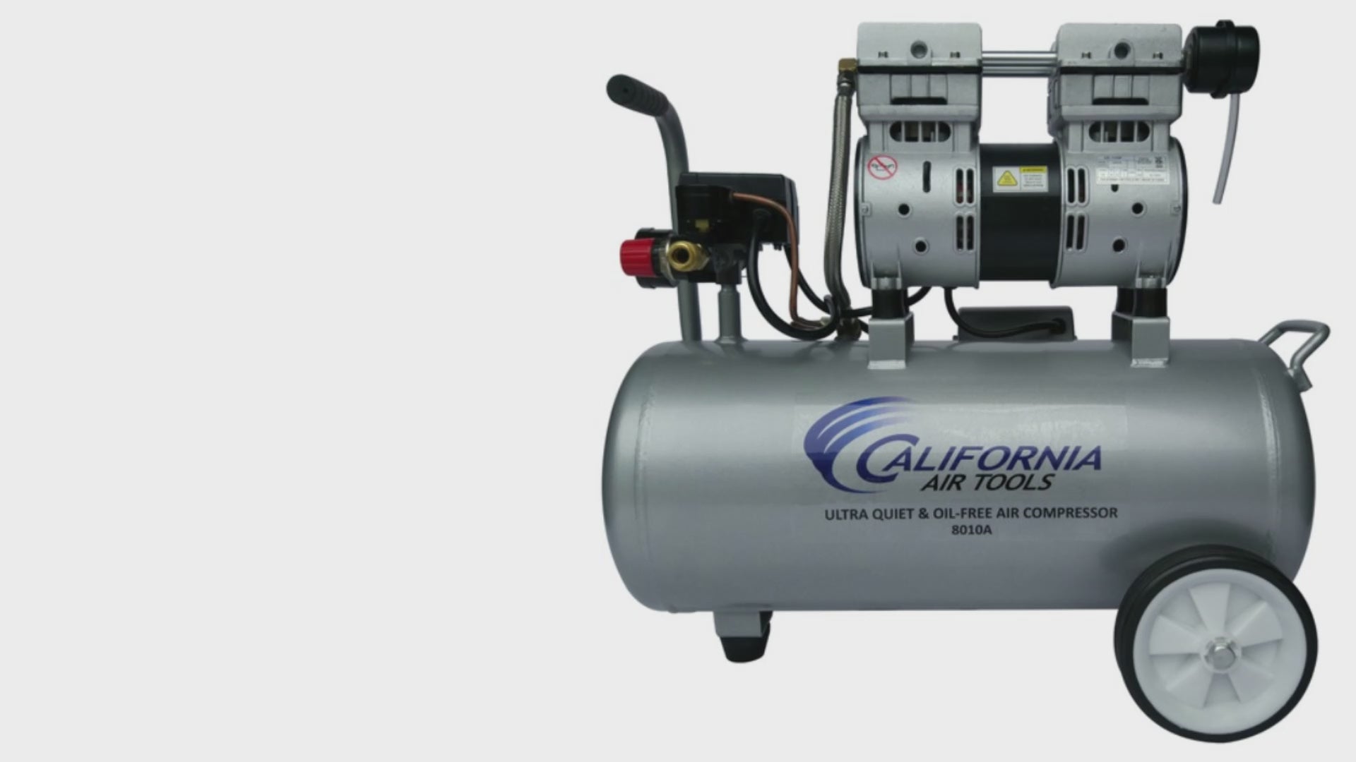 Load video: California Air Tools 1.0 Hp, 8.0 Gal. Aluminum Tank Ultra Quiet &amp; Oil-Free Air Compressor | CAT-8010A