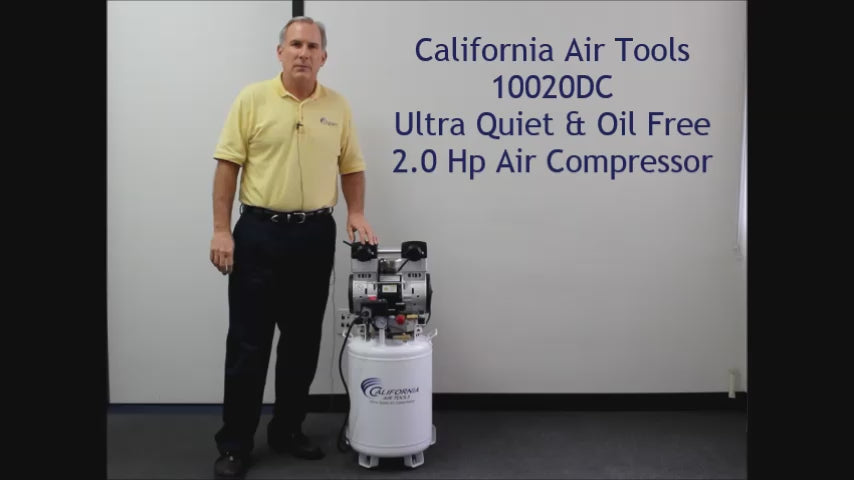 Load video: California Air Tools 2.0 Hp, 10.0 Gal. Steel Tank Ultra Quiet &amp; Oil-Free Air Compressor with Air Drying System (220V 60Hz) | CAT-10020DC-22060