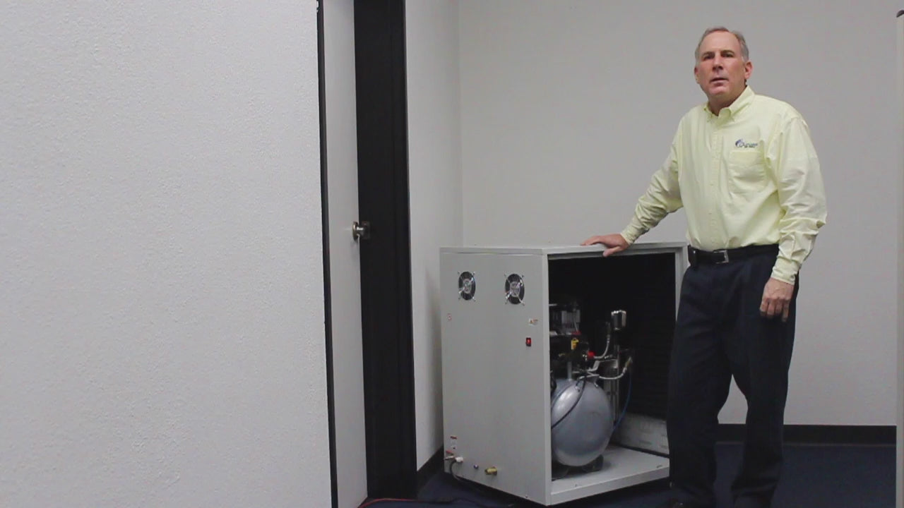 Load video: California Air Tools 2.0 Hp 10.0 Gal. Ultra Quiet &amp; Oil-Free Air Compressor with Air Dryer in Sound Proof Cabinet | CAT-10020DSPCAD