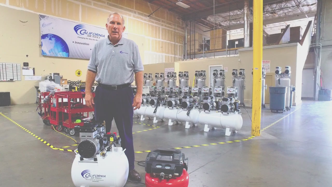Load video: California Air Tools 2.0 Hp 10.0 Gal. Steel Tank Ultra Quiet &amp; Oil-Free Air Compressor with Auto Drain Valve | CAT-10020CHAD