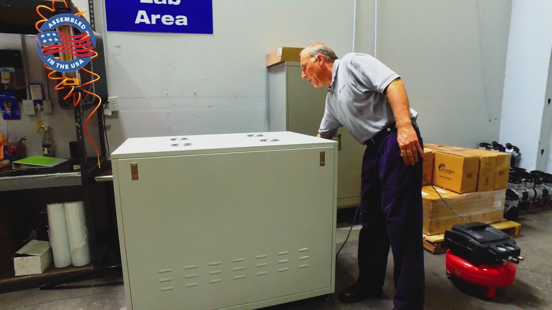 Load video: California Air Tools 4.0 Hp, 20.0 Gal. Ultra Quiet &amp; Oil-Free Air Compressor with Air Drying System in Sound Proof Cabinet | CAT-20040DSPCAD