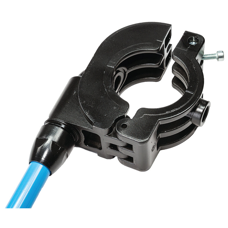 RapidAir FastPipe saddle drop fitting clamped on blue aluminum air pipe