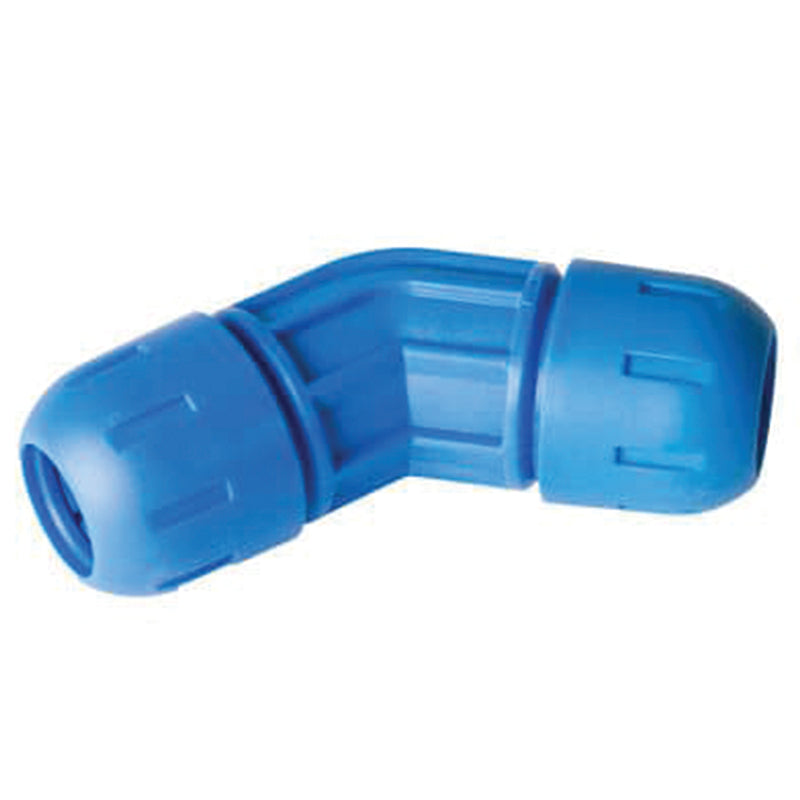 RapidAir FastPipe 45° union elbow, blue aluminum push-to-connect air pipe fitting