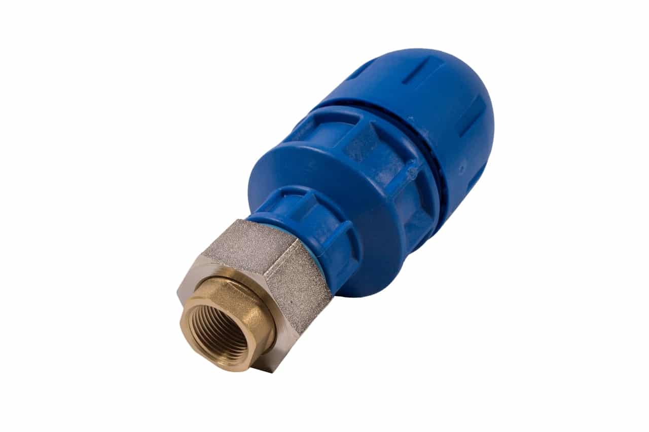 RapidAir FastPipe female NPT adapter — blue aluminum compression fitting with brass female NPT thread