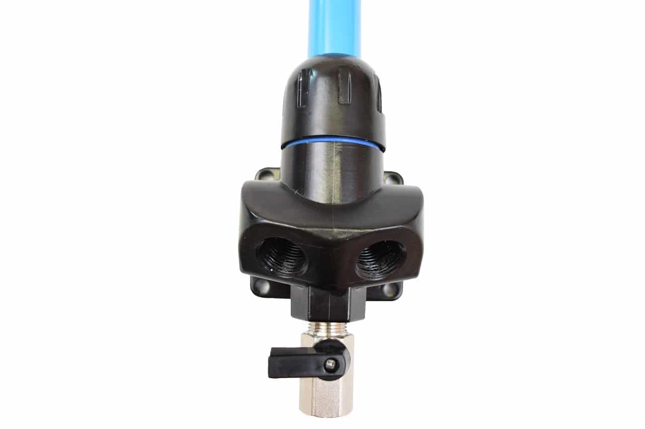 RapidAir FastPipe Wall Air Outlet with four 1/2 inch FNPT ports and drain valve on blue aluminum pipe