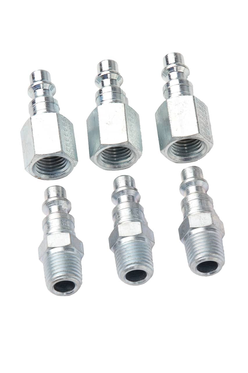 RapidAir K5226 quick coupler plug set — six zinc-plated steel plugs, three 1/4" male NPT and three 1/4" female NPT, 30 CFM Type M