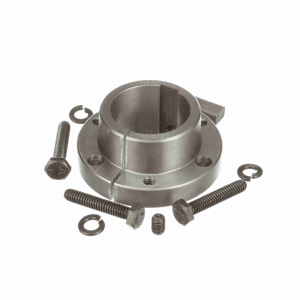 SH QD-style split taper bushing with cap screws, keyway, and lock washers on white background