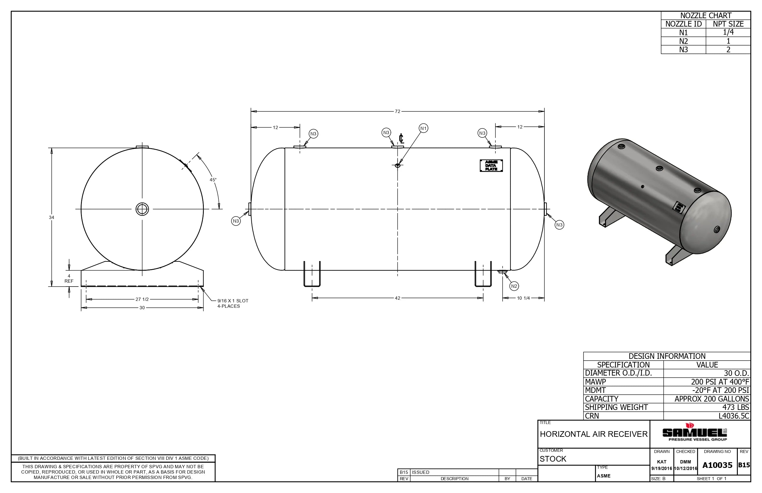 200 Gallon 200PSI Horizontal Air Tank By Samuel with Saddle legs | A10035